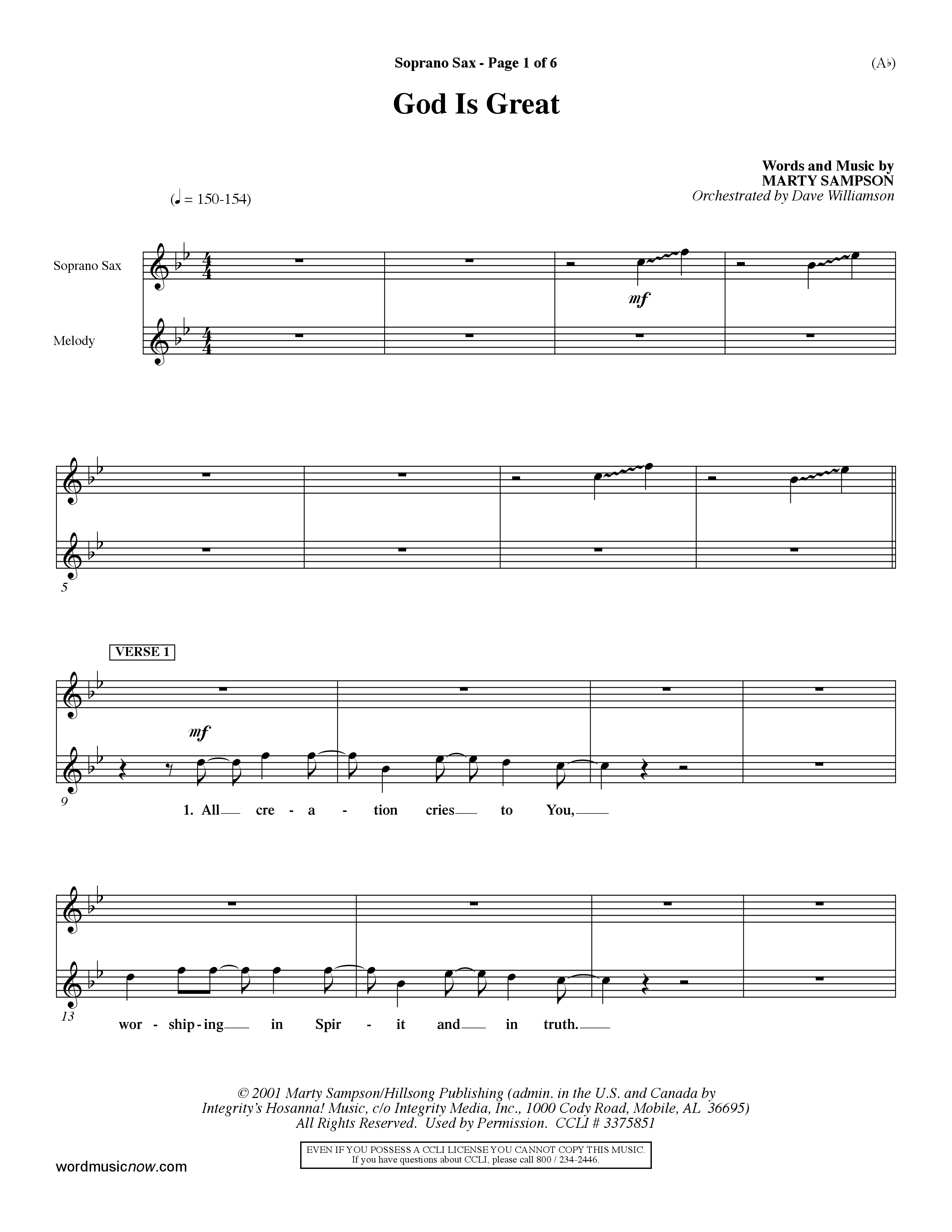 God Is Great (Choral Anthem SATB) Saxophone (Word Music Choral / Orch. Dave Williamson)