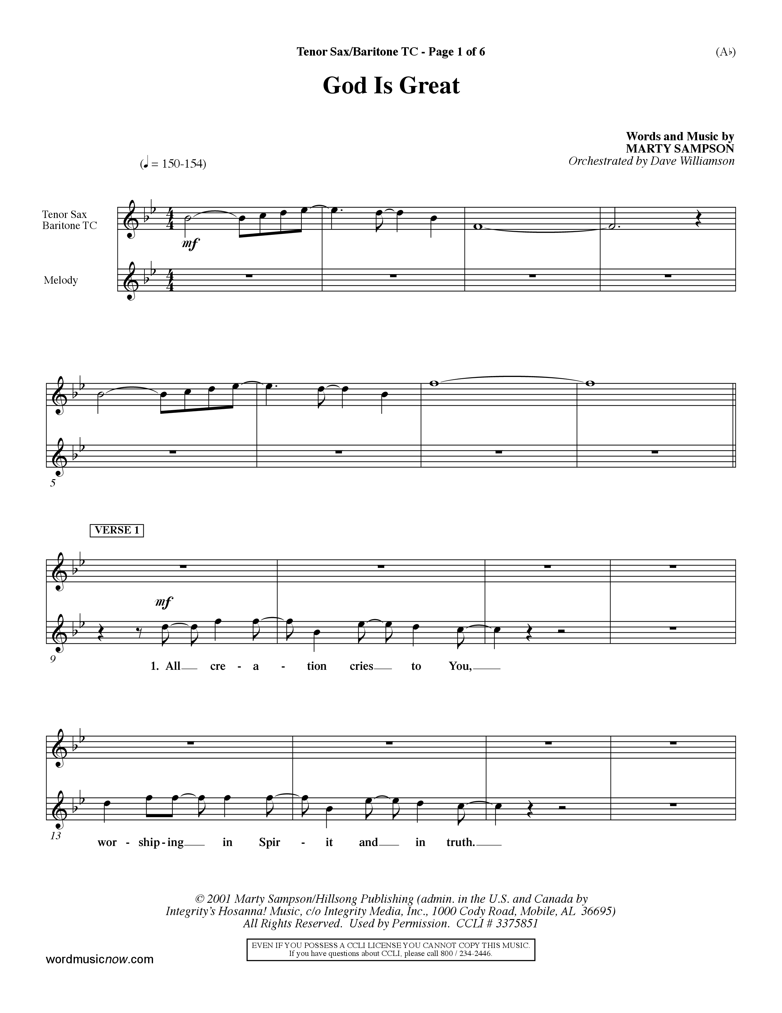 God Is Great (Choral Anthem SATB) Tenor Sax/Baritone T.C. (Word Music Choral / Orch. Dave Williamson)