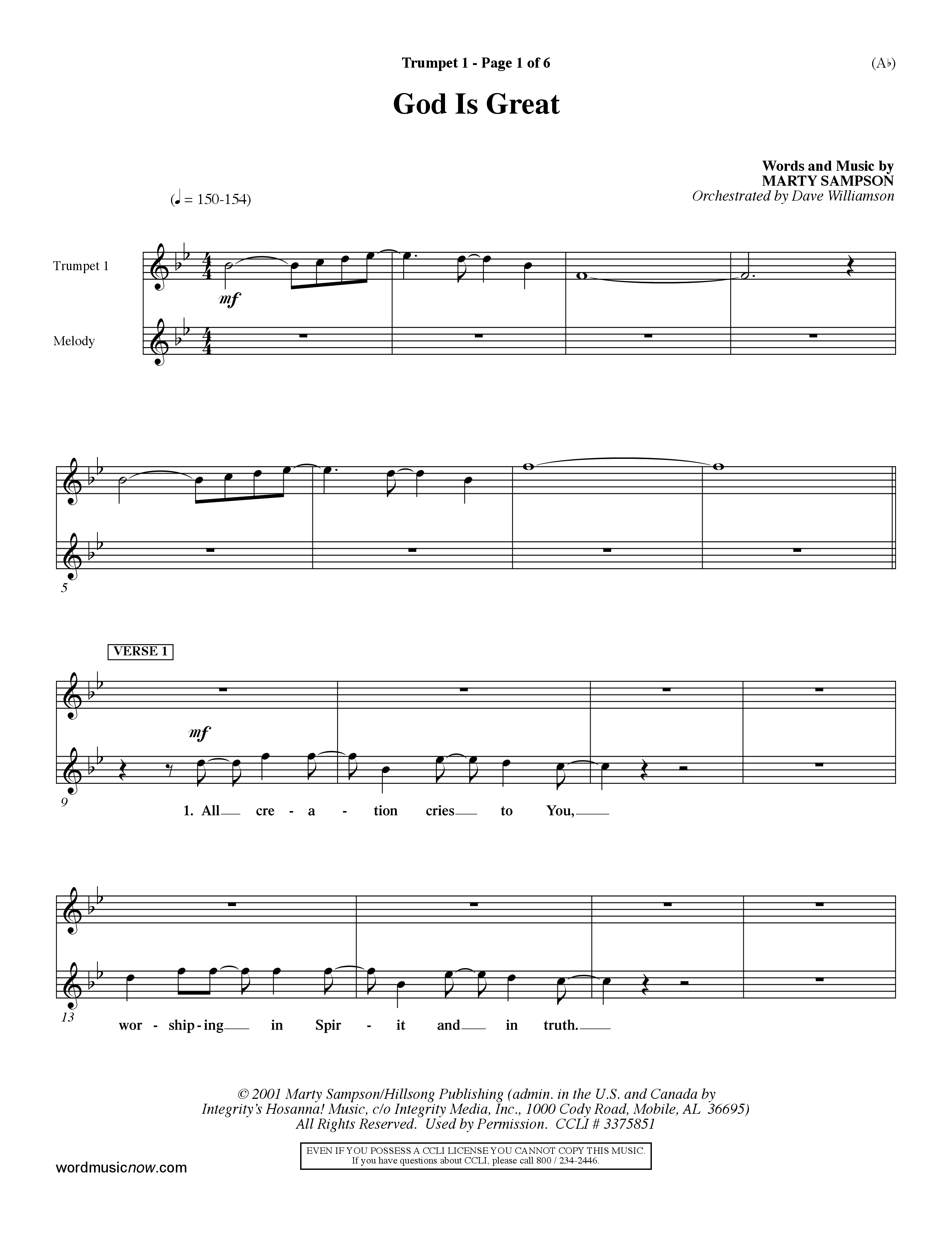 God Is Great (Choral Anthem SATB) Trumpet 1 (Word Music Choral / Orch. Dave Williamson)