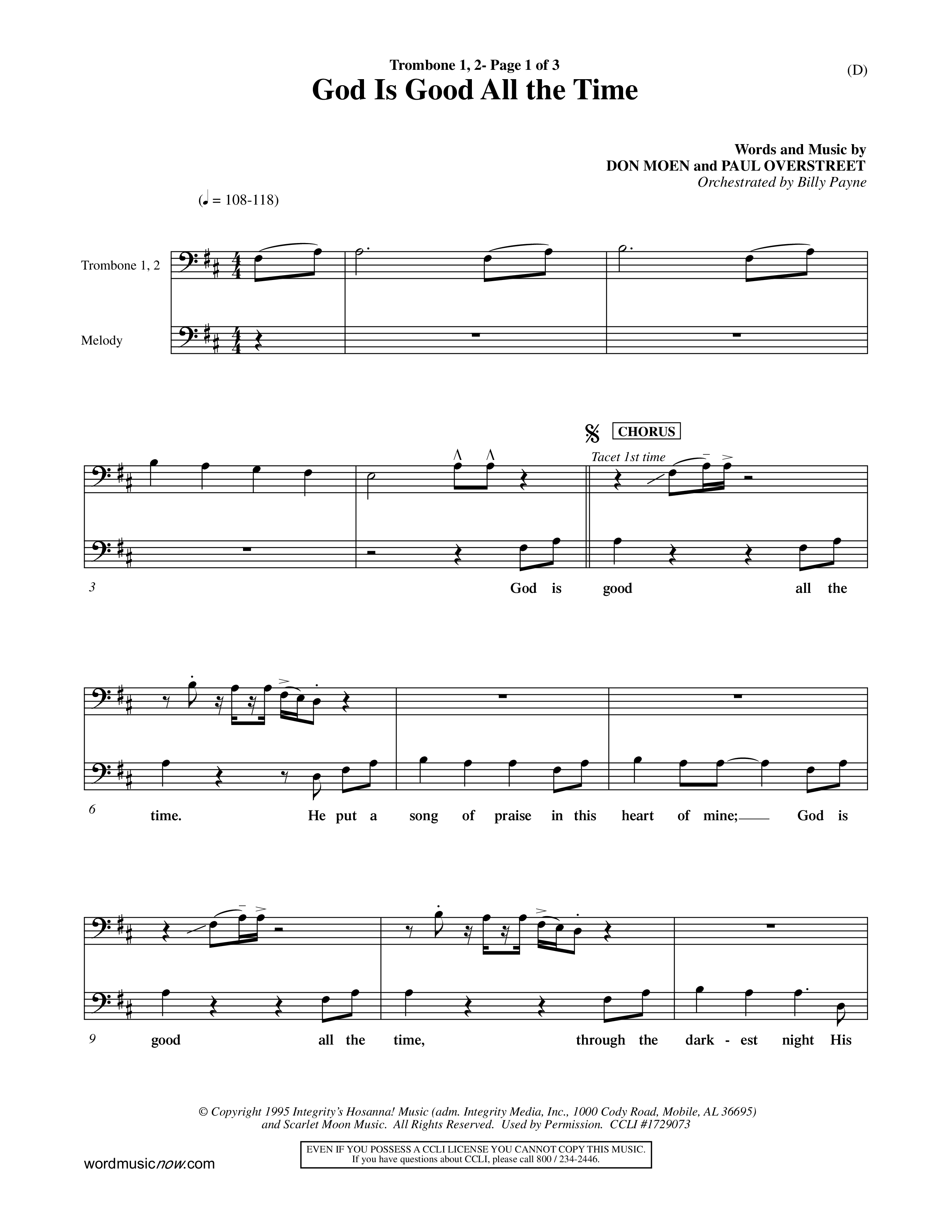 God Is Good All The Time (Choral Anthem SATB) Trombone 1/2 (Word Music Choral / Orch. Billy Payne)