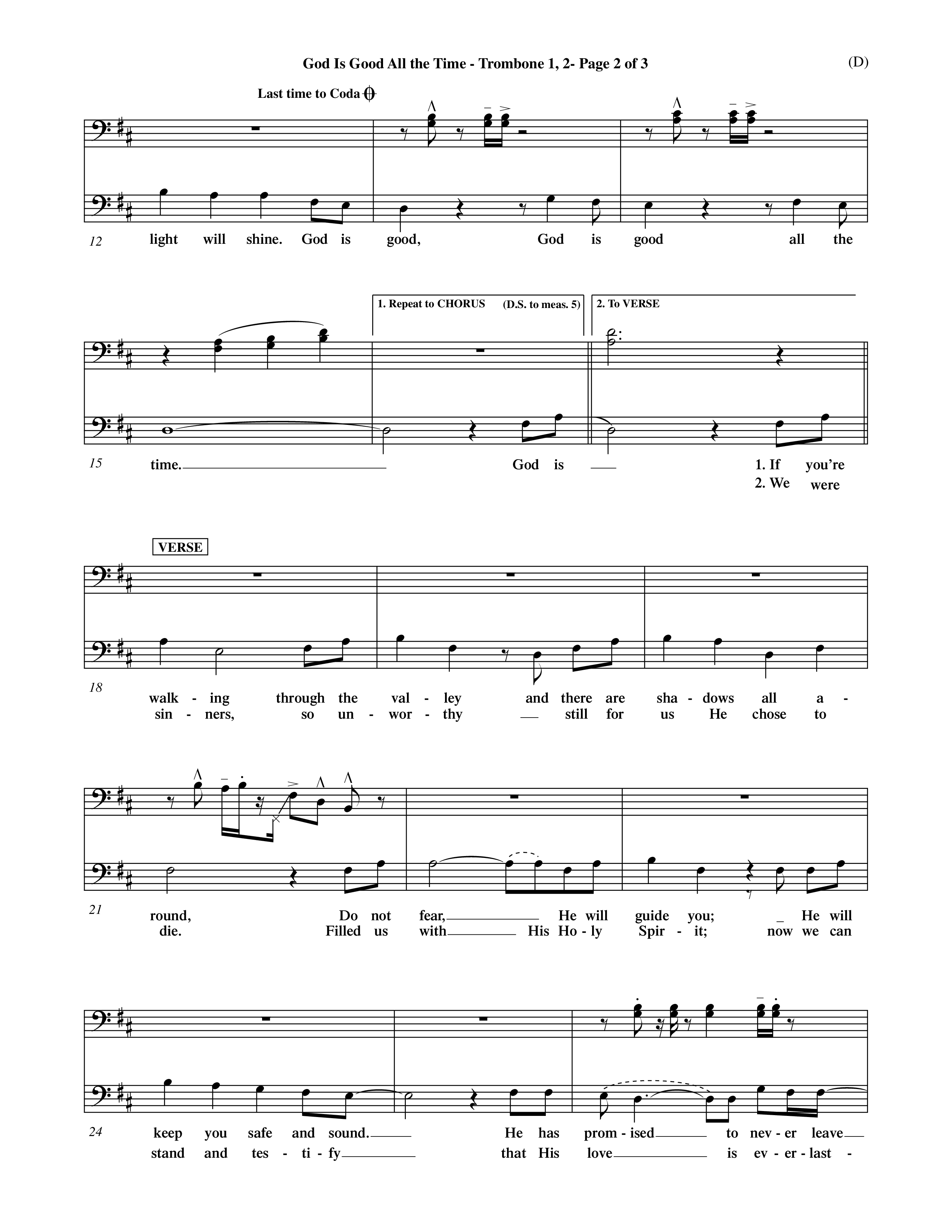 God Is Good All The Time (Choral Anthem SATB) Trombone 1/2 (Word Music Choral / Orch. Billy Payne)