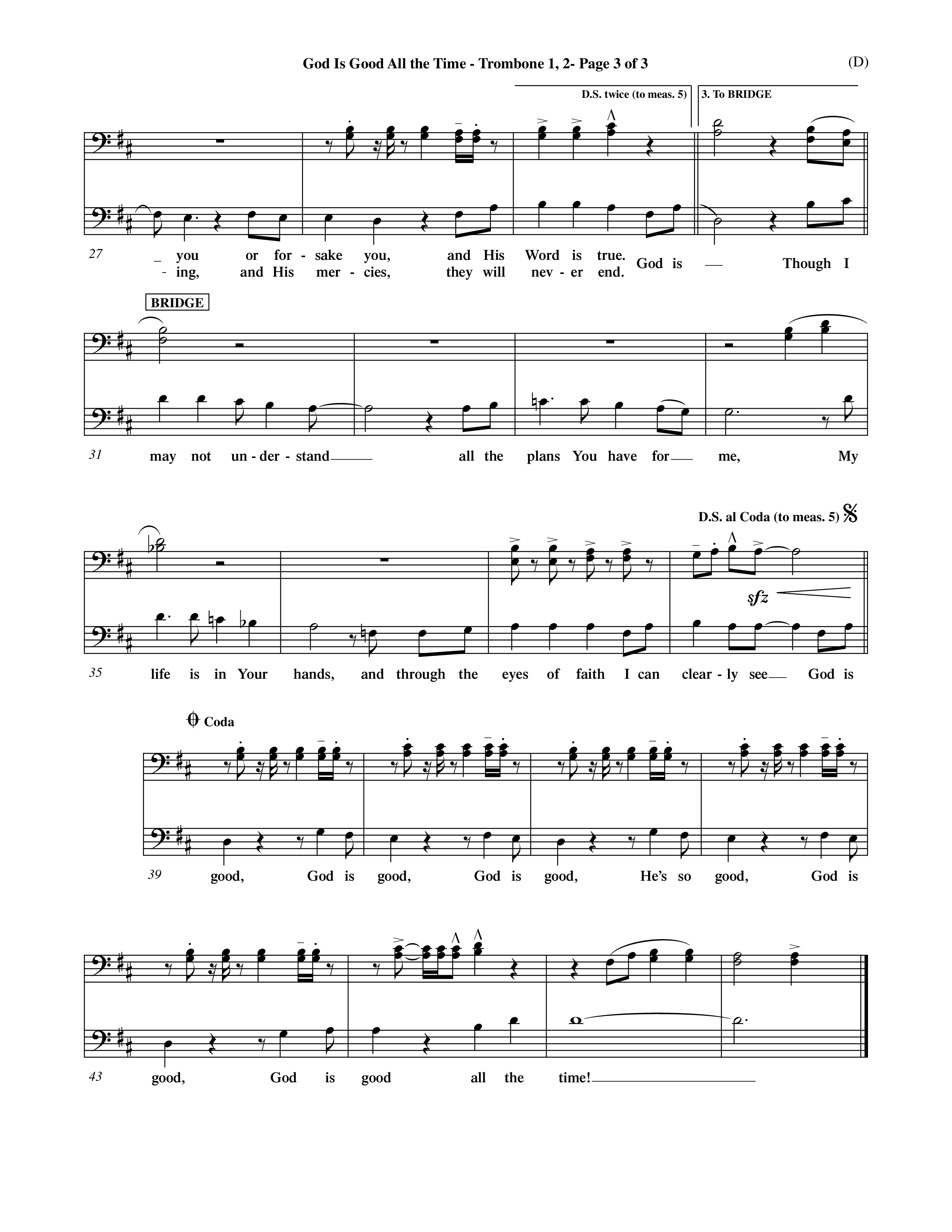 God Is Good All The Time (Choral Anthem SATB) Trombone 1/2 (Word Music Choral / Orch. Billy Payne)