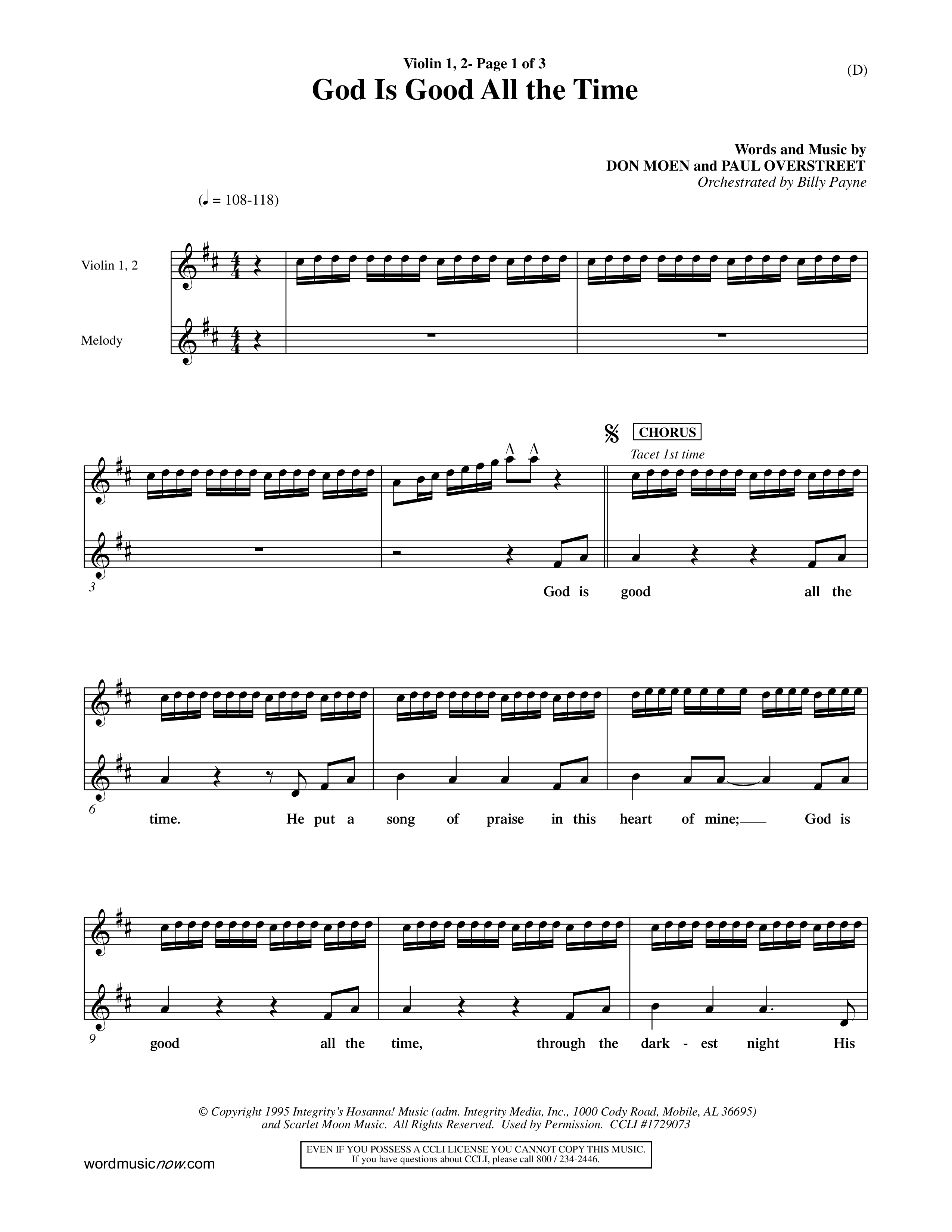 God Is Good All The Time (Choral Anthem SATB) Violin 1/2 (Word Music Choral / Orch. Billy Payne)