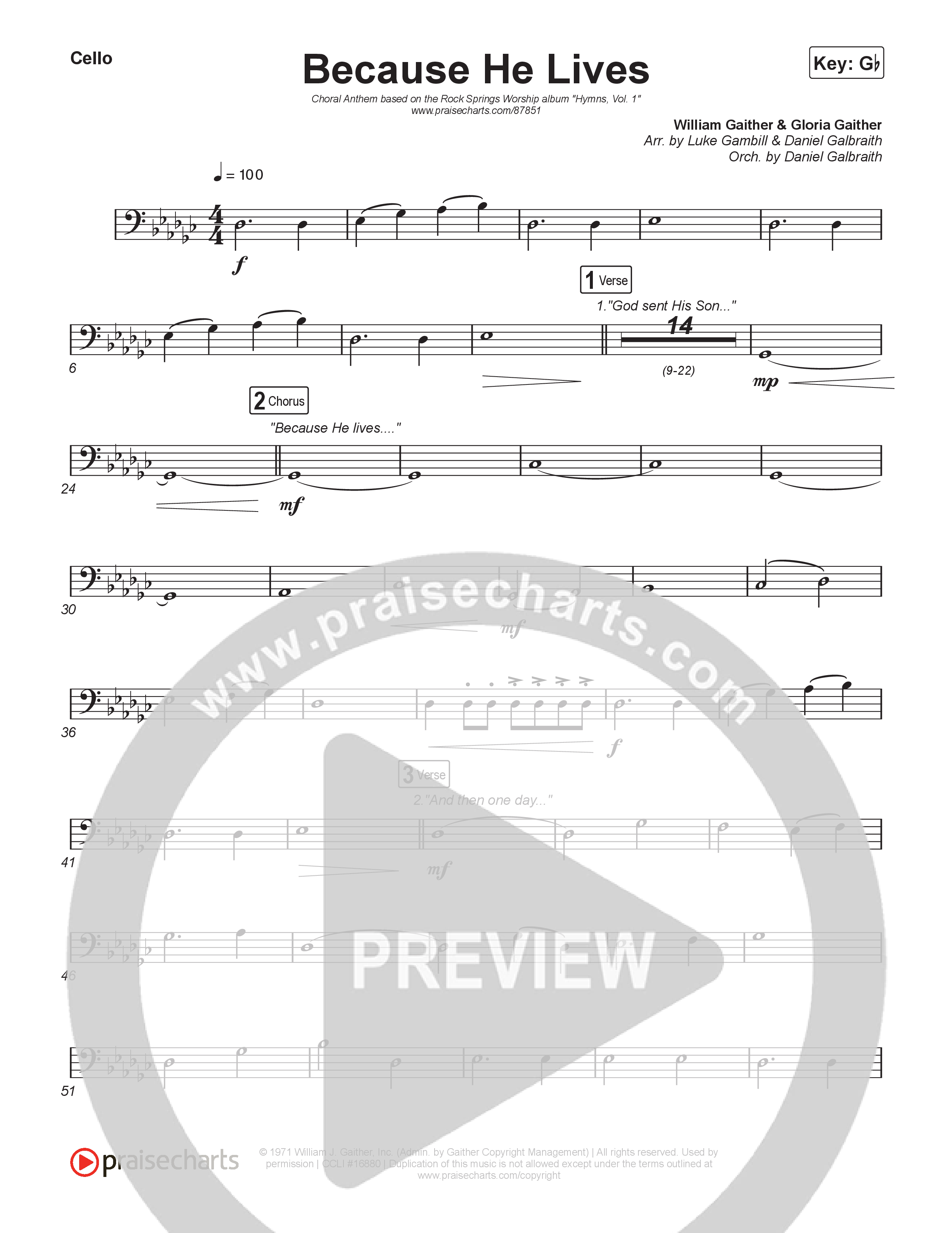 Because He Lives (Choral Anthem SATB) Cello (Rock Springs Worship / Arr. Luke Gambill)