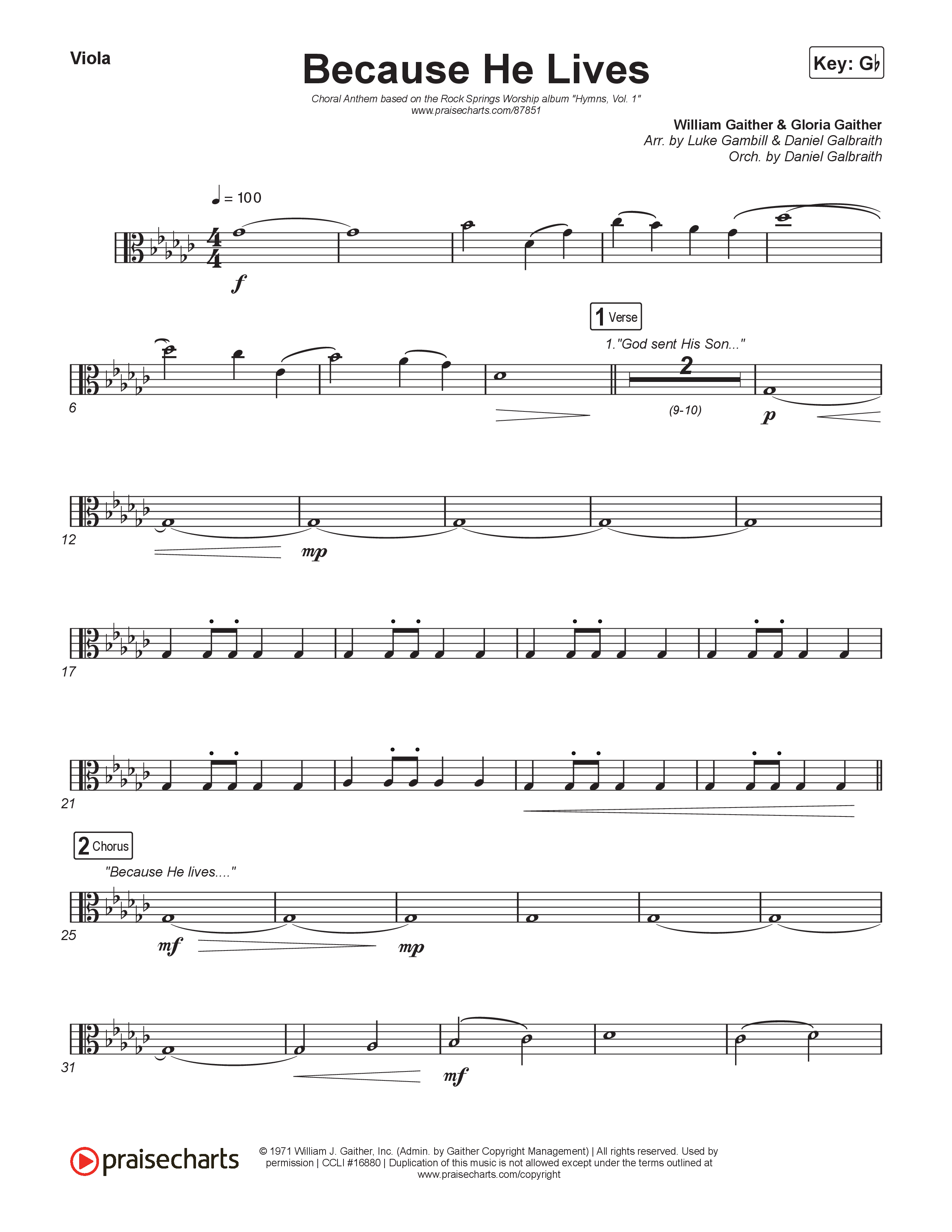 Because He Lives (Choral Anthem SATB) Viola (Rock Springs Worship / Arr. Luke Gambill)