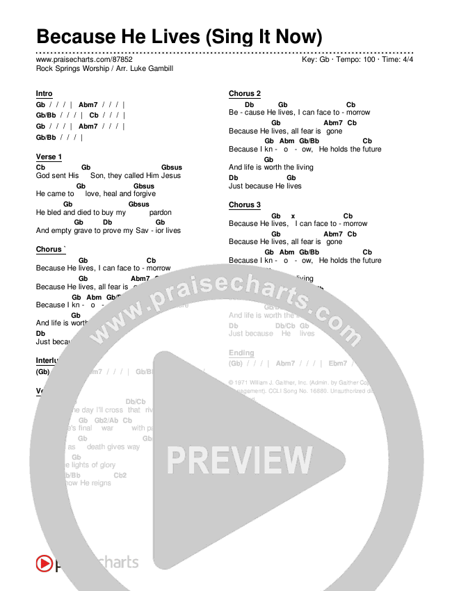 Because He Lives (Sing It Now) Chords & Lyrics (Rock Springs Worship / Arr. Luke Gambill)