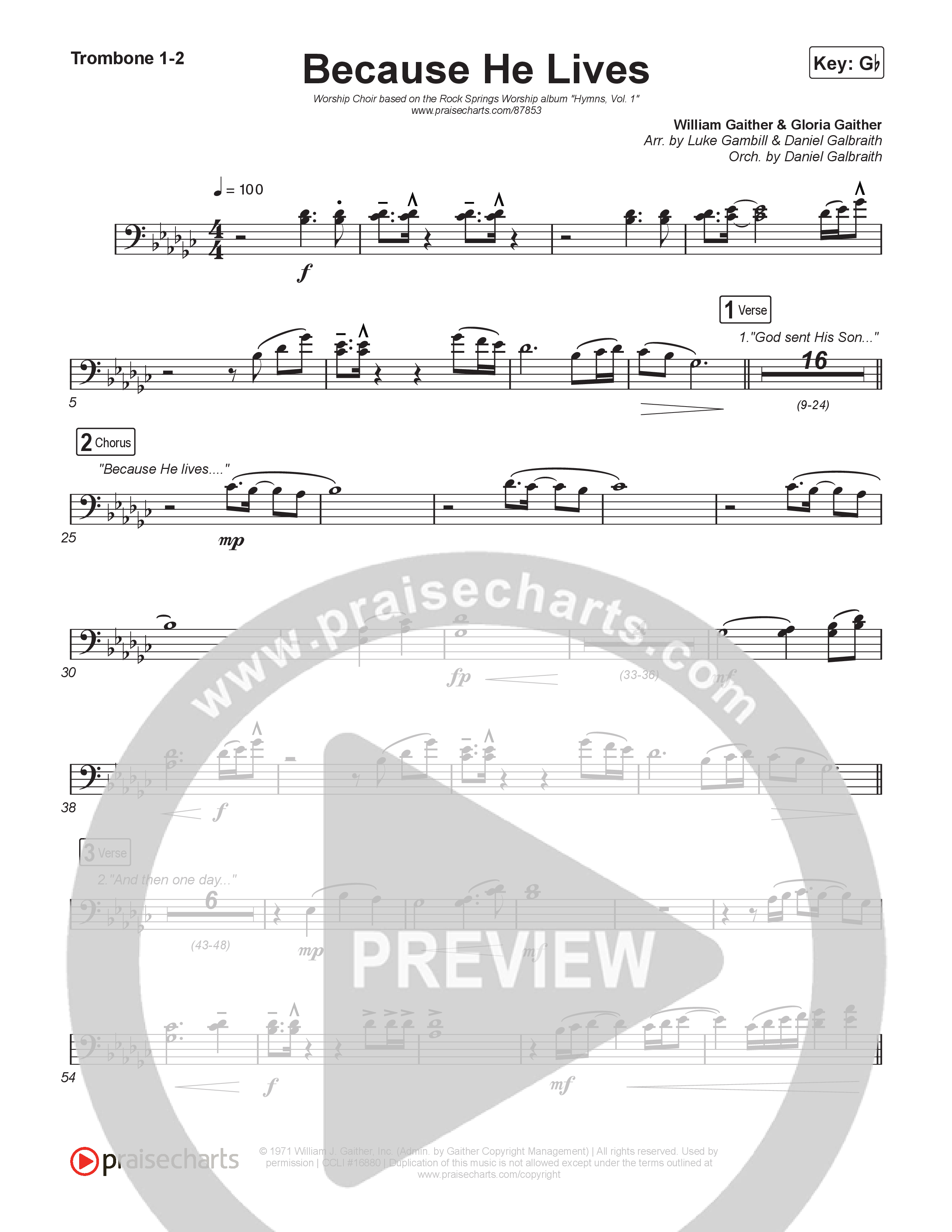 Because He Lives (Worship Choir/SAB) Trombone 1/2 (Rock Springs Worship / Arr. Luke Gambill)