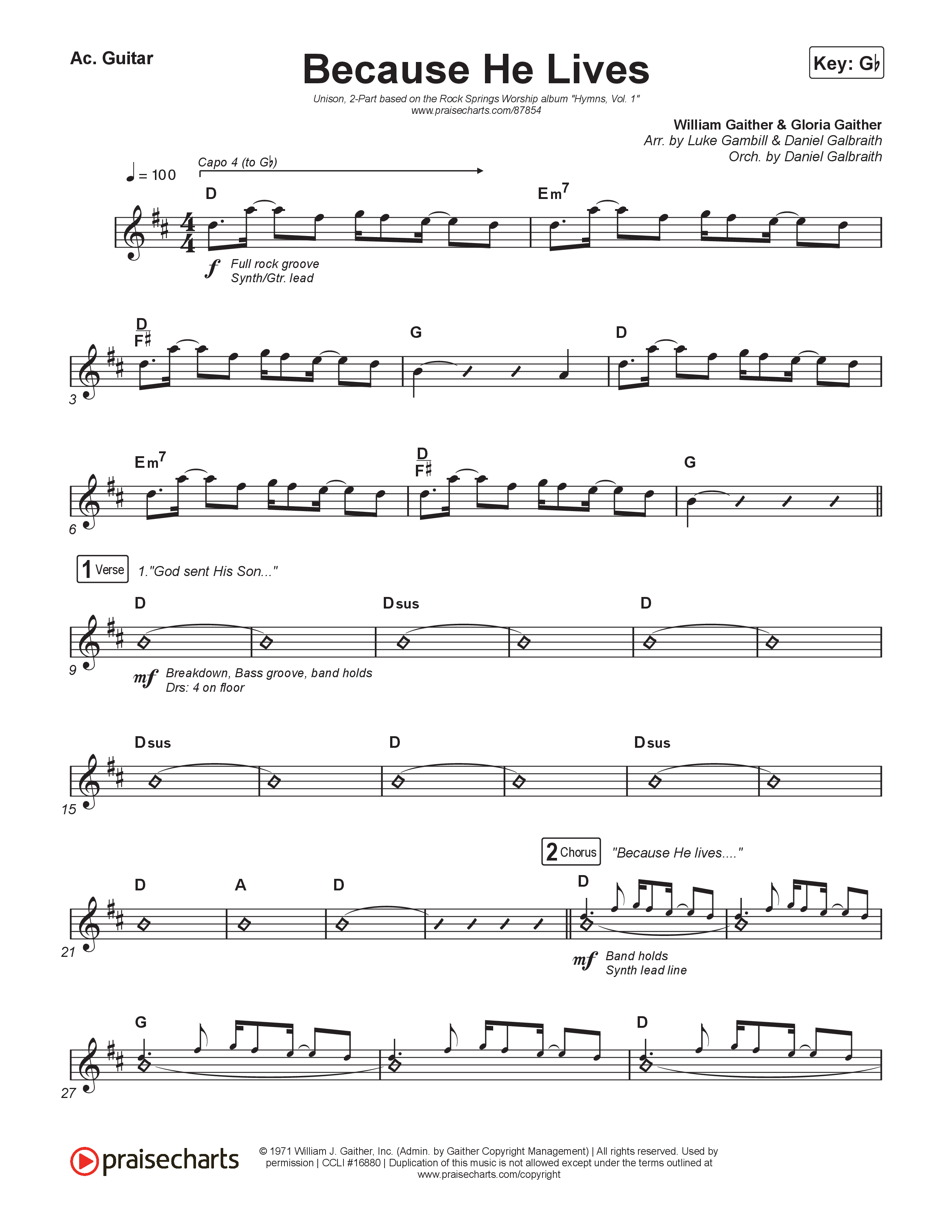 Because He Lives (Unison/2-Part) Acoustic Guitar (Rock Springs Worship / Arr. Luke Gambill)