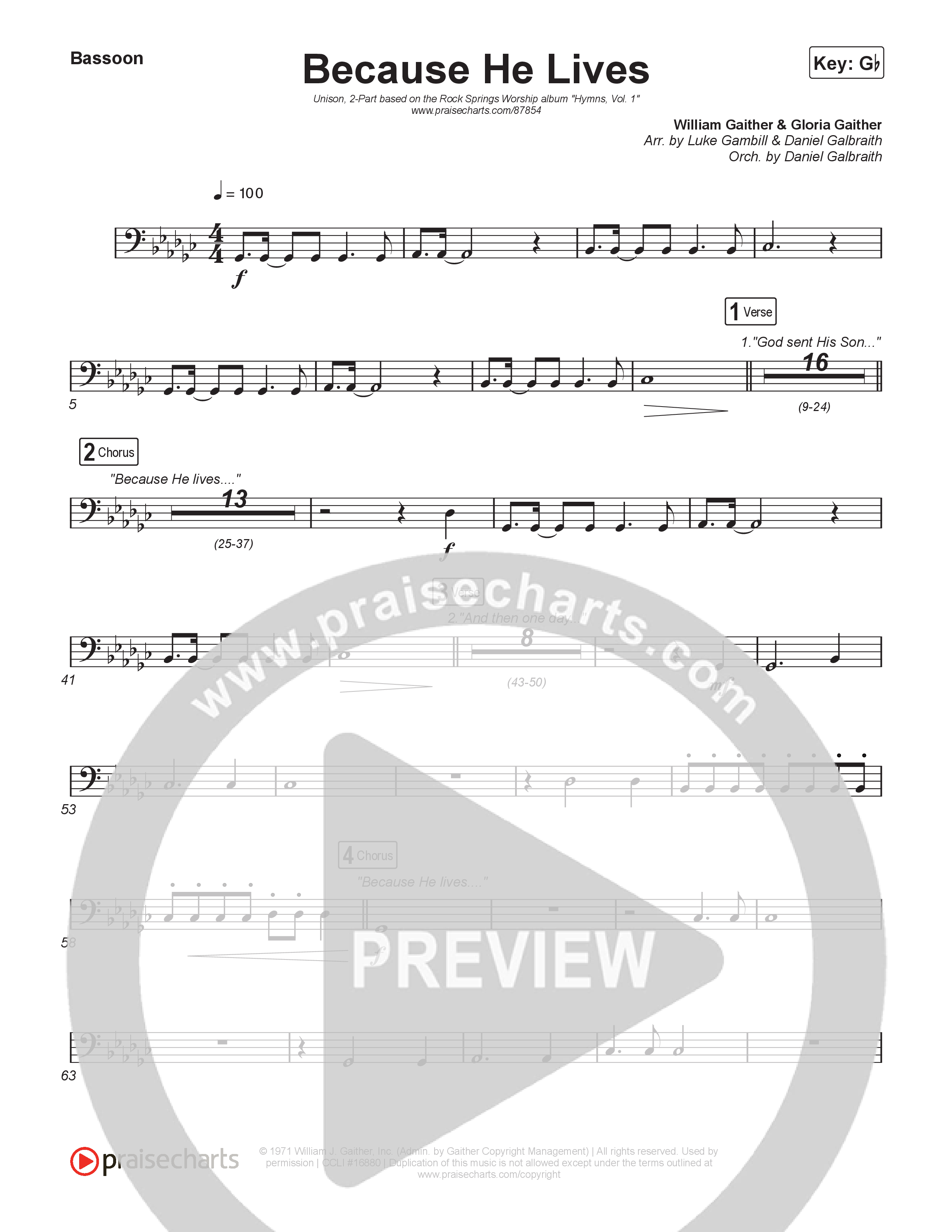 Because He Lives (Unison/2-Part) Bassoon (Rock Springs Worship / Arr. Luke Gambill)