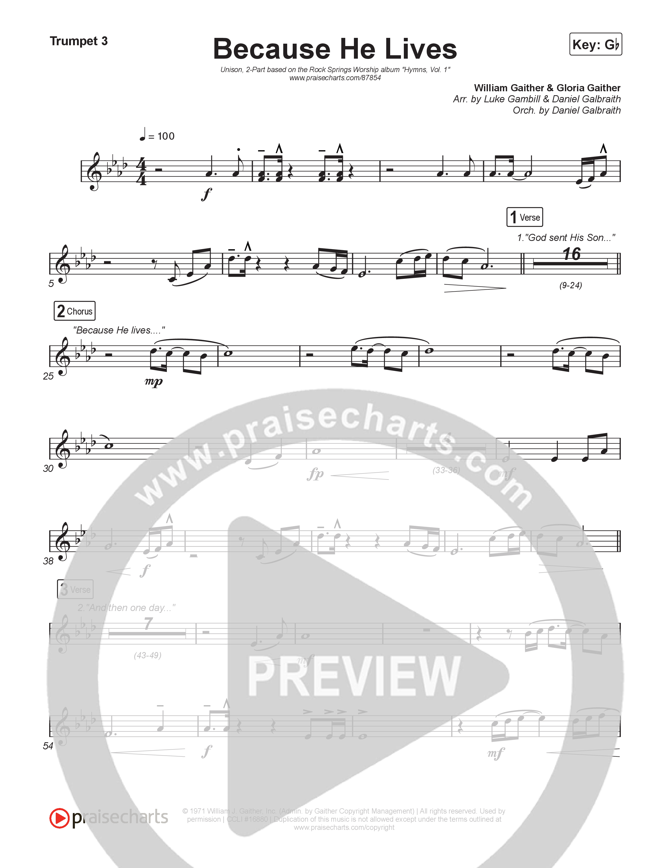 Because He Lives (Unison/2-Part) Trumpet 3 (Rock Springs Worship / Arr. Luke Gambill)