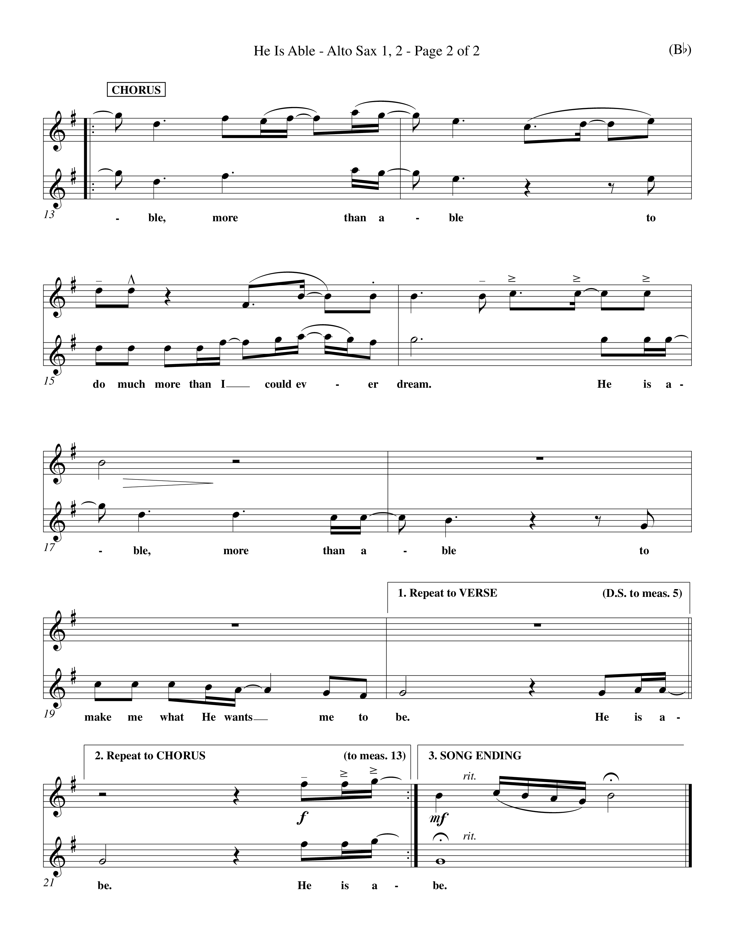 He Is Able (Choral Anthem SATB) Alto Sax 1/2 (Word Music Choral / Orch. Mark McClure)