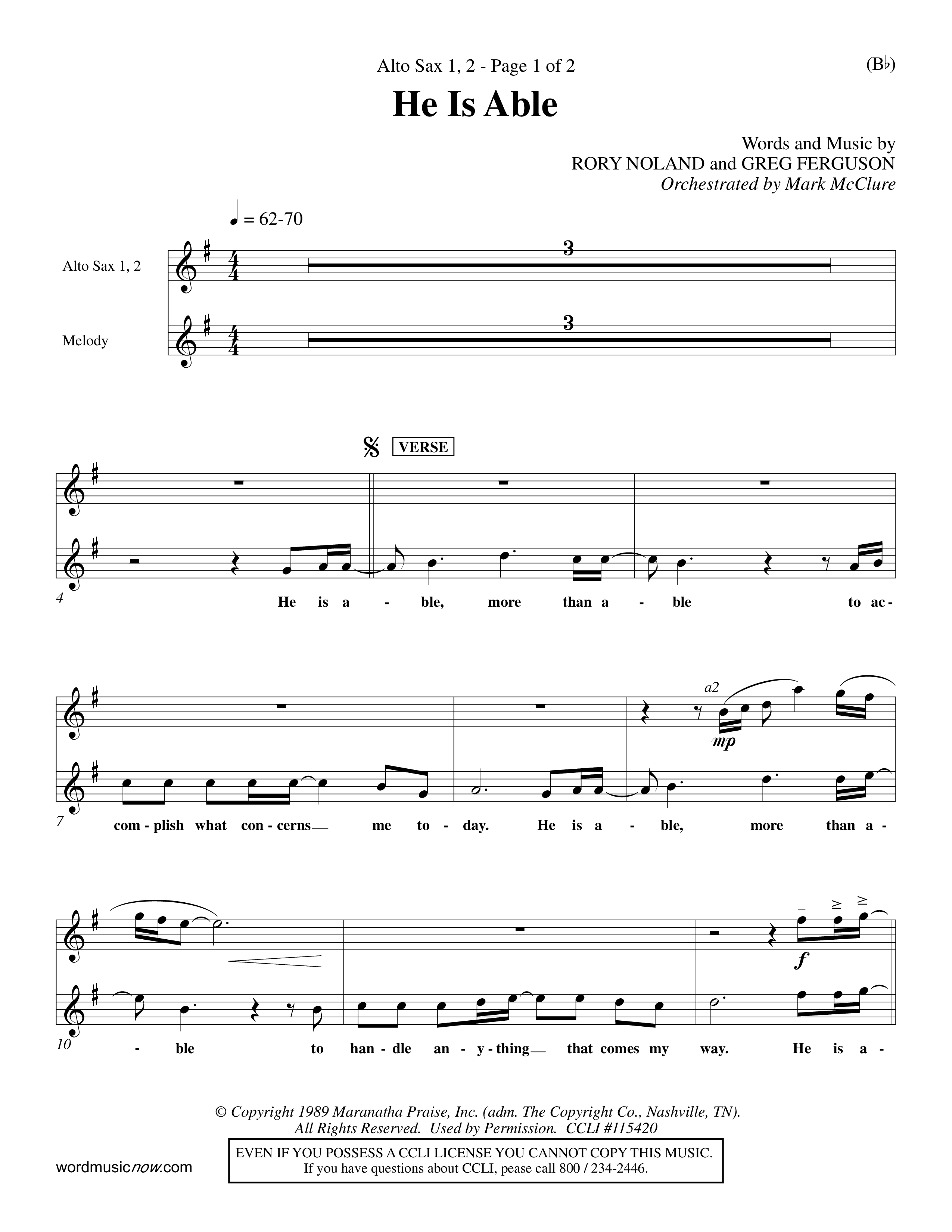He Is Able (Choral Anthem SATB) Alto Sax 1/2 (Word Music Choral / Orch. Mark McClure)