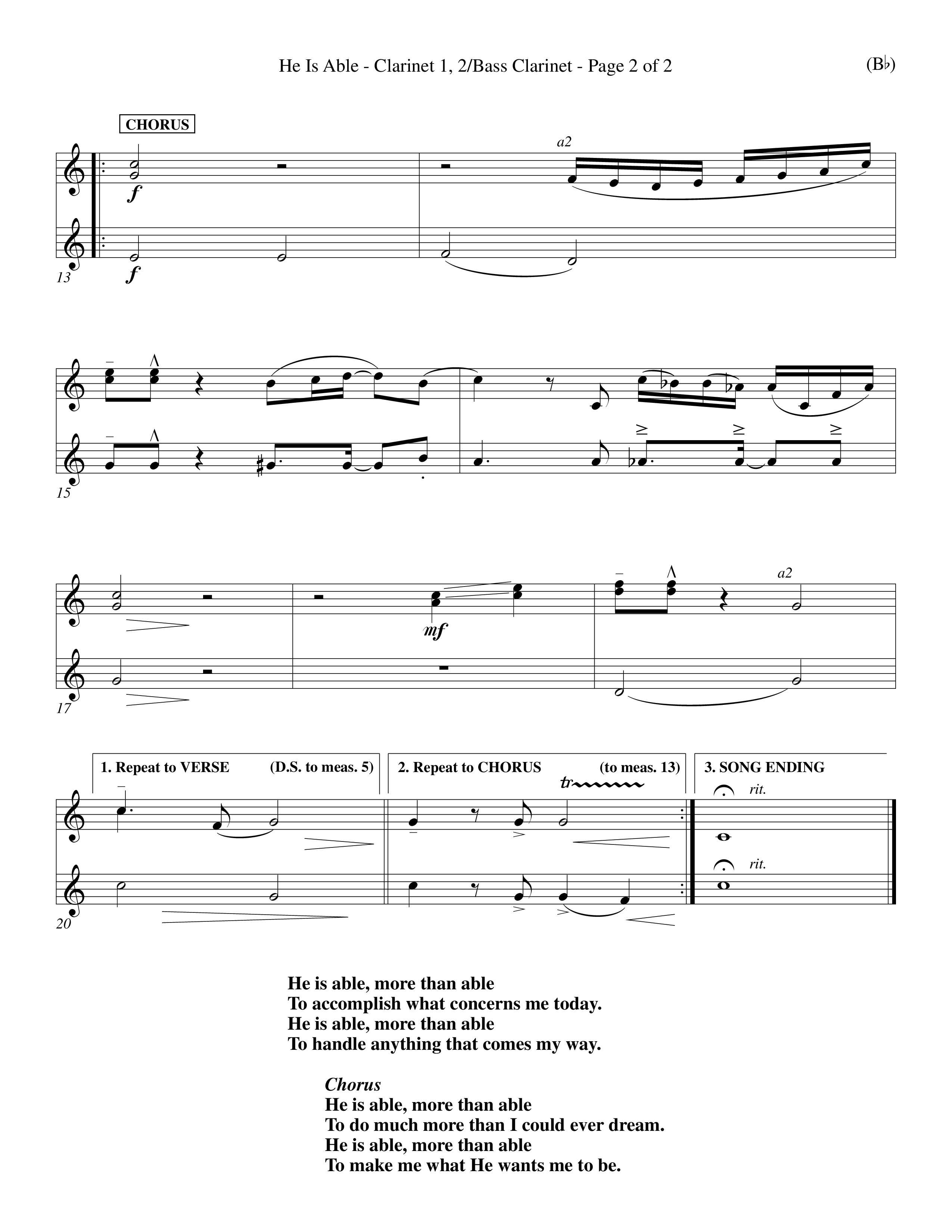 He Is Able (Choral Anthem SATB) Clarinet 1/2, Bass Clarinet (Word Music Choral / Orch. Mark McClure)