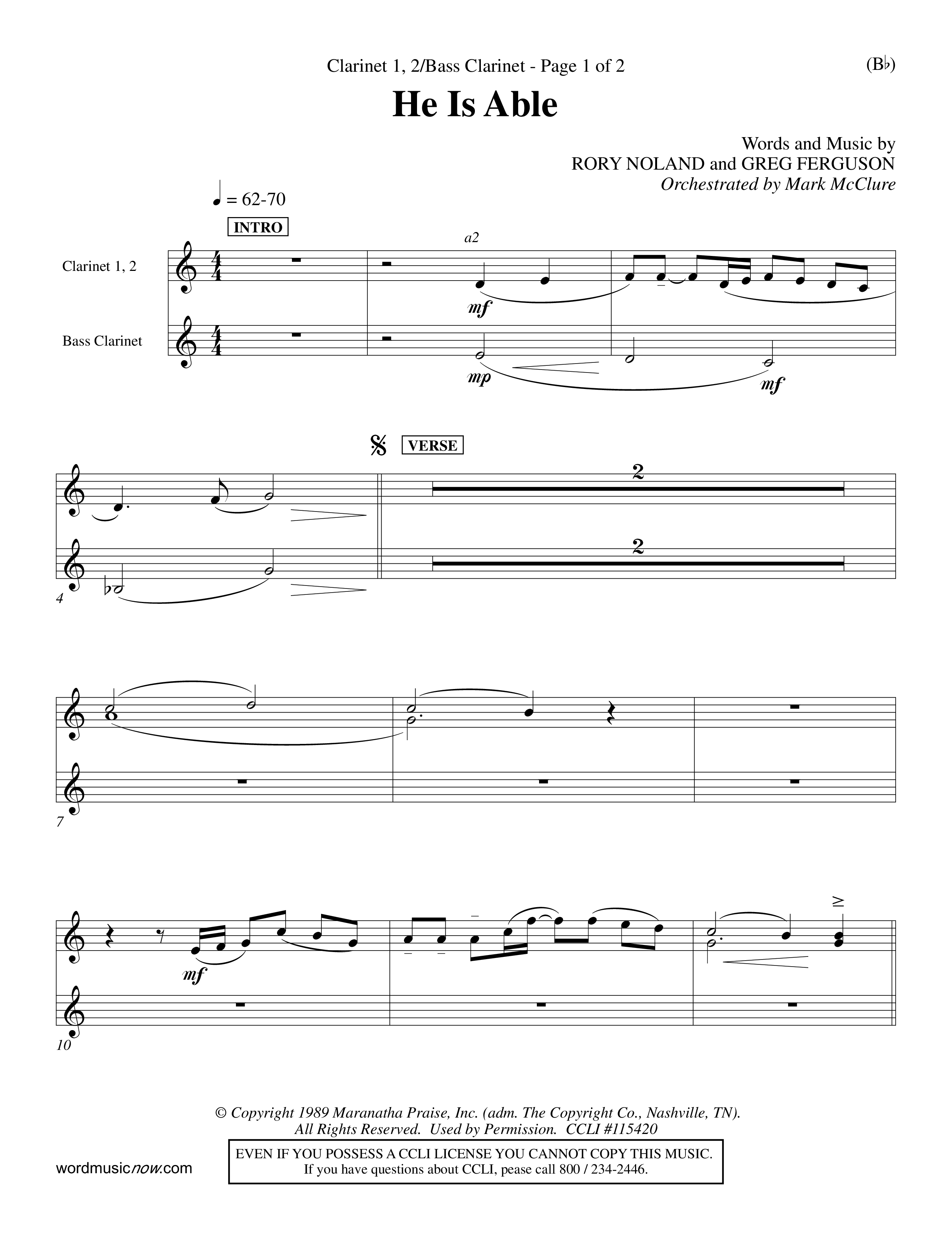 He Is Able (Choral Anthem SATB) Clarinet 1/2, Bass Clarinet (Word Music Choral / Orch. Mark McClure)