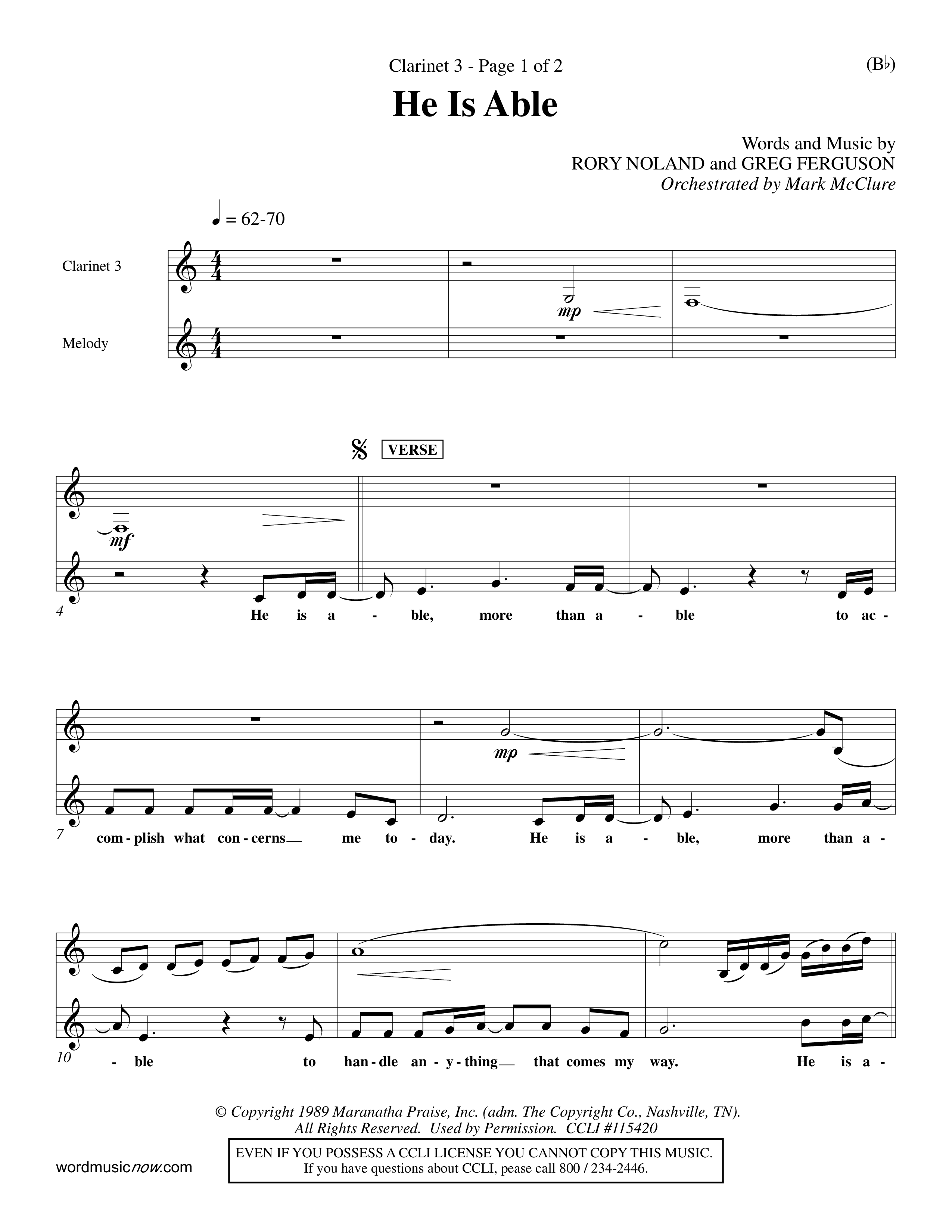 He Is Able (Choral Anthem SATB) Clarinet 3 (Word Music Choral / Orch. Mark McClure)