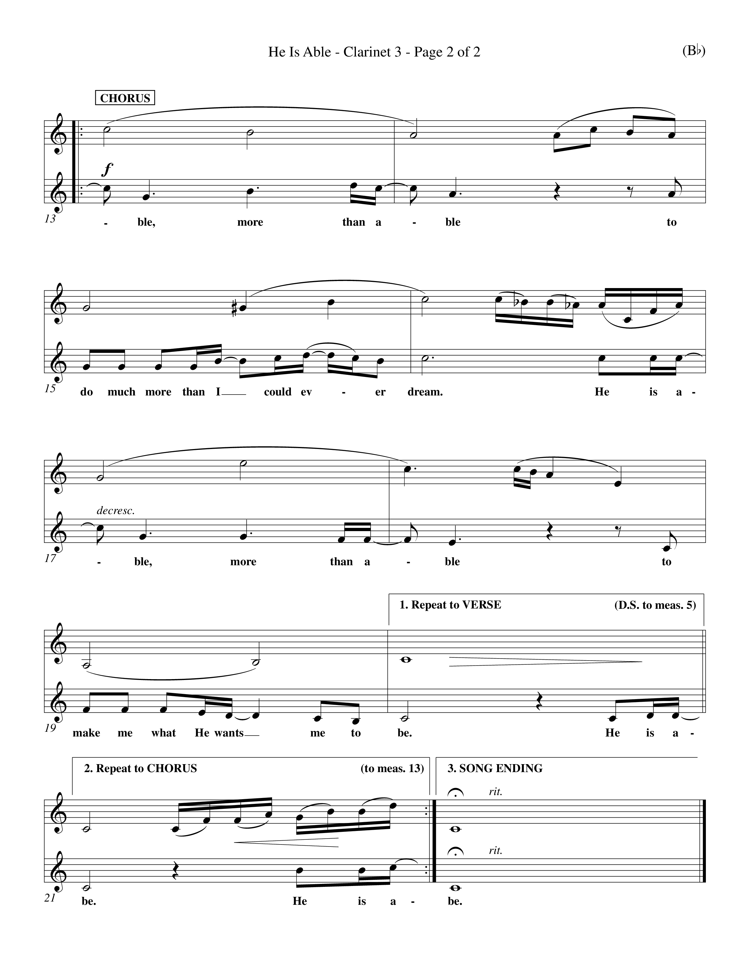 He Is Able (Choral Anthem SATB) Clarinet 3 (Word Music Choral / Orch. Mark McClure)