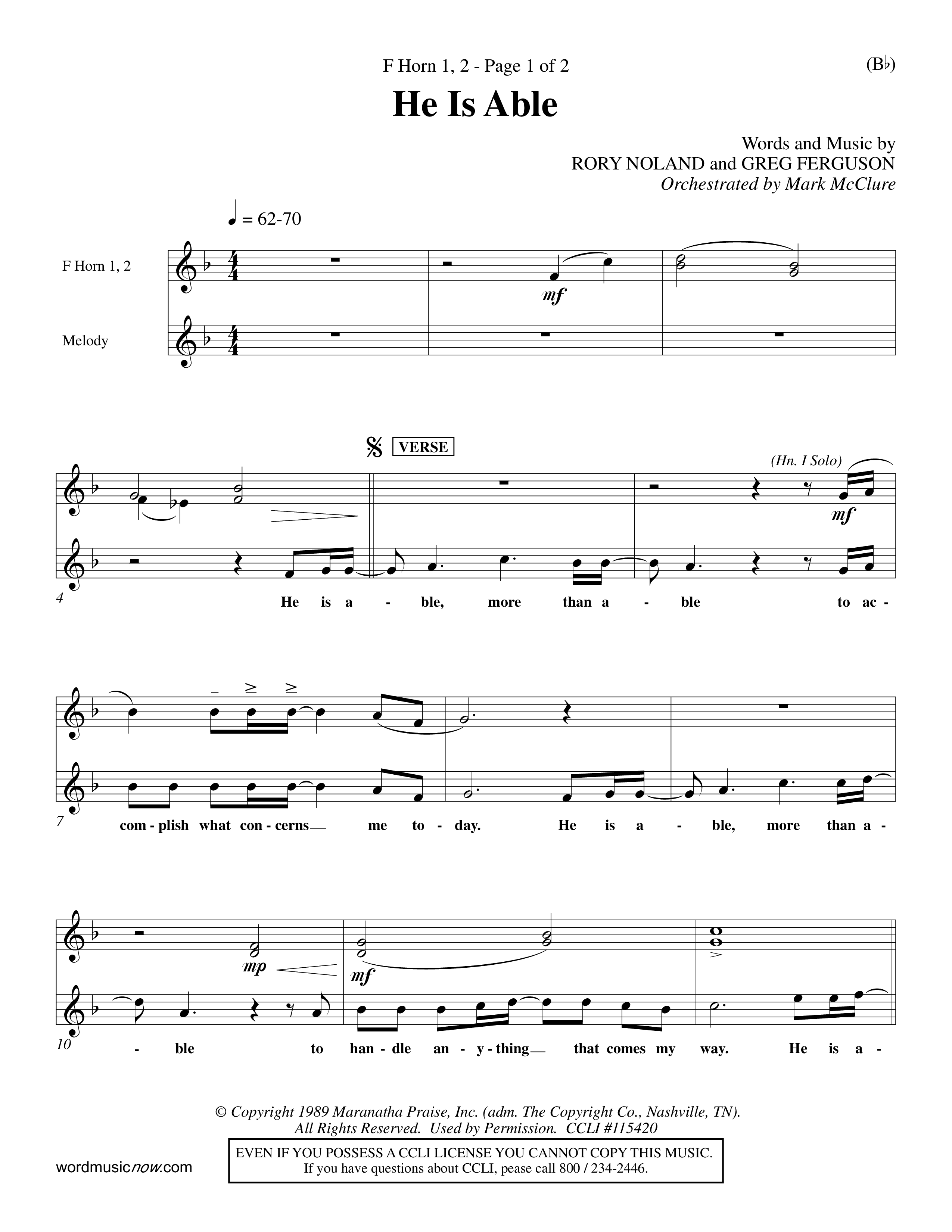 He Is Able (Choral Anthem SATB) French Horn (Word Music Choral / Orch. Mark McClure)