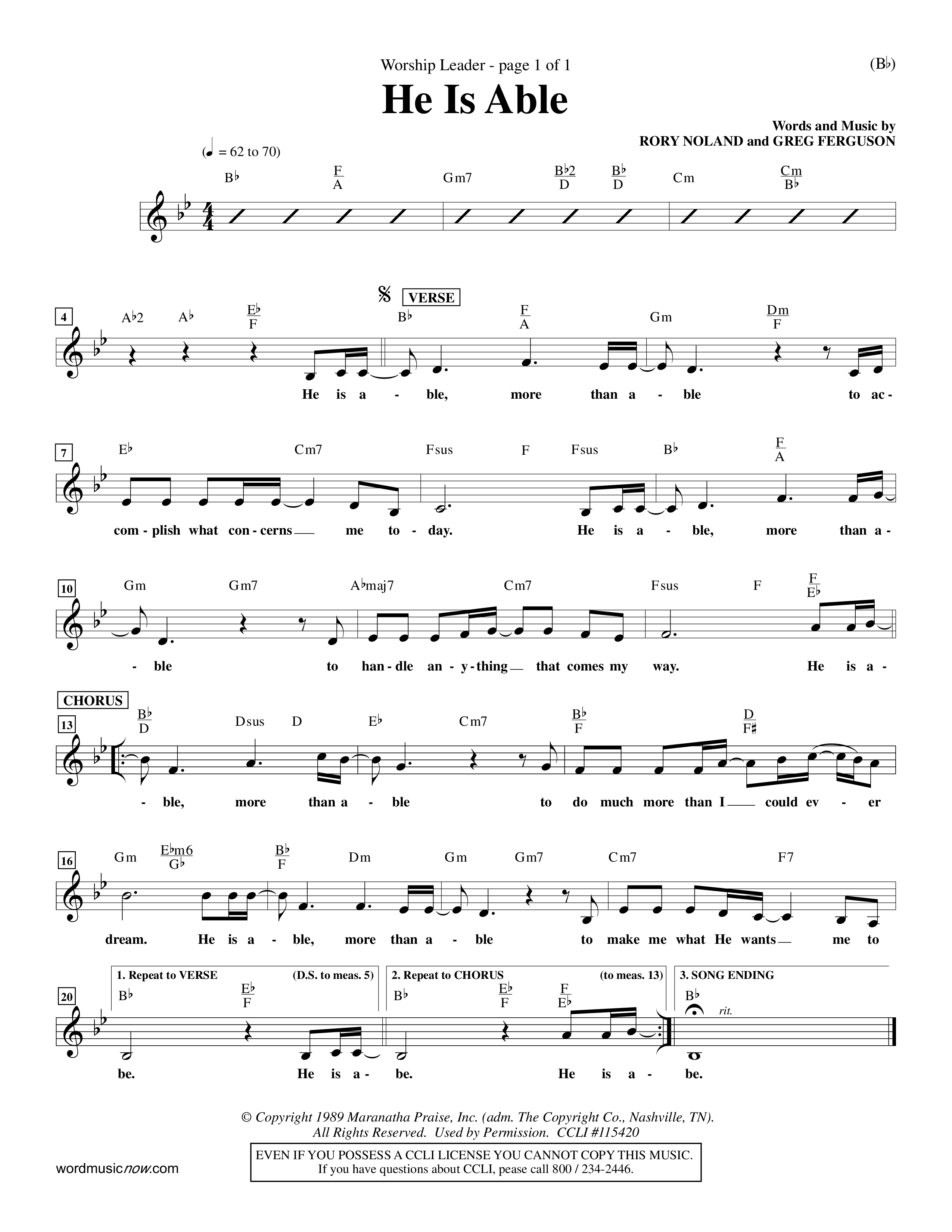 He Is Able (Choral Anthem SATB) Lead Sheet (Mel) (Word Music Choral / Orch. Mark McClure)