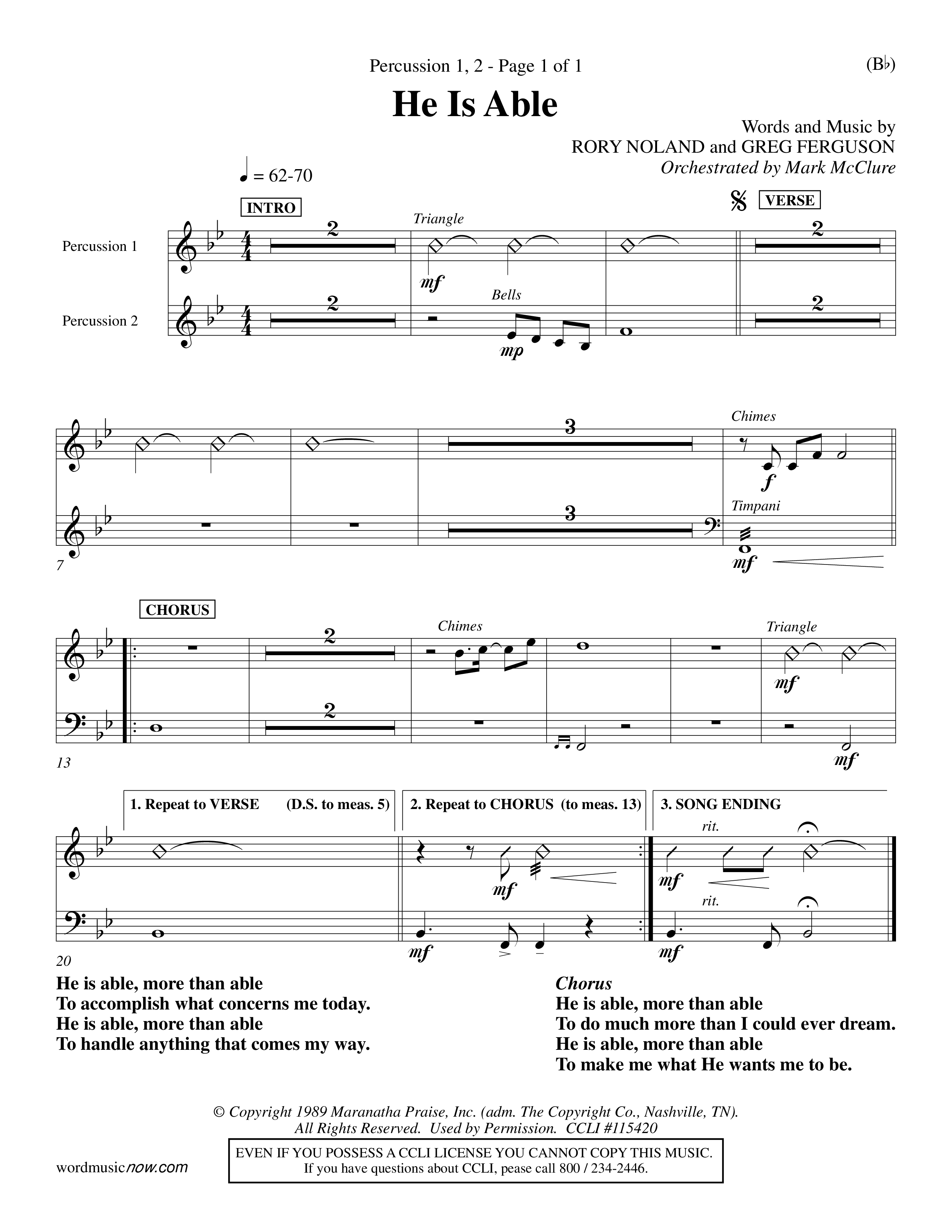 He Is Able (Choral Anthem SATB) Percussion 1/2 (Word Music Choral / Orch. Mark McClure)