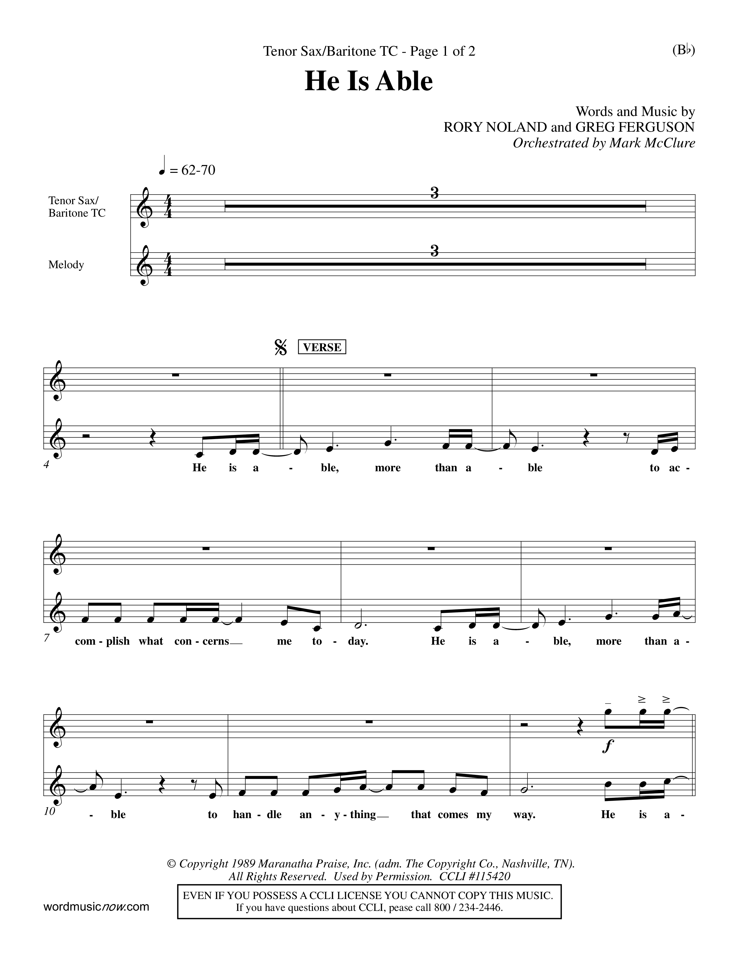 He Is Able (Choral Anthem SATB) Tenor Sax/Baritone T.C. (Word Music Choral / Orch. Mark McClure)