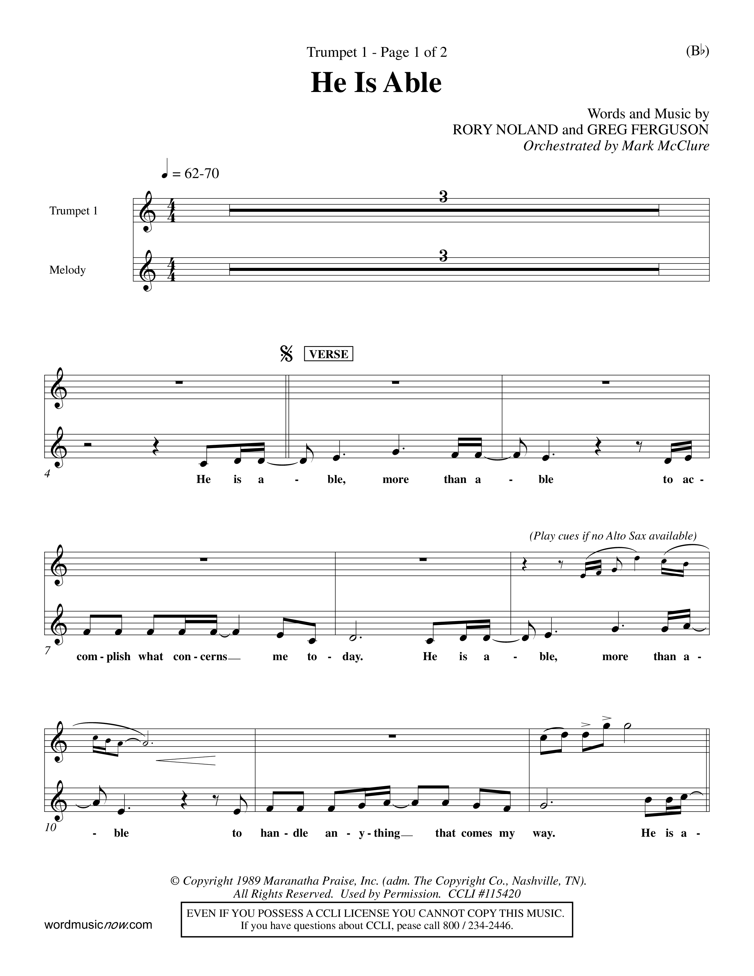 He Is Able (Choral Anthem SATB) Trumpet 1 (Word Music Choral / Orch. Mark McClure)