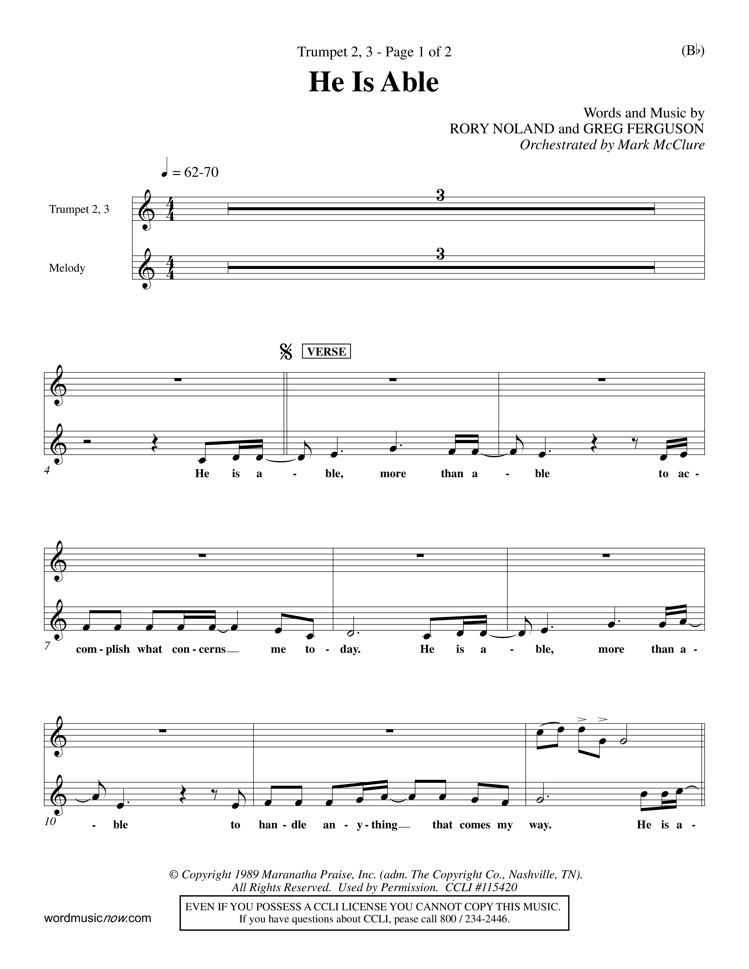 He Is Able (Choral Anthem SATB) Trumpet 2/3 (Word Music Choral / Orch. Mark McClure)