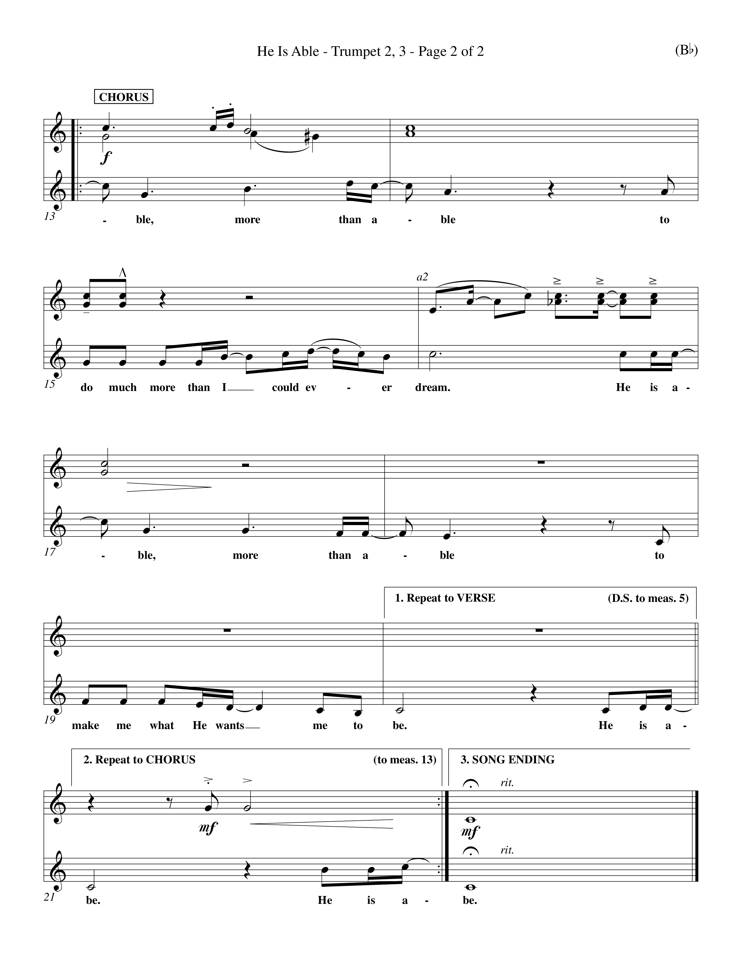He Is Able (Choral Anthem SATB) Trumpet 2/3 (Word Music Choral / Orch. Mark McClure)