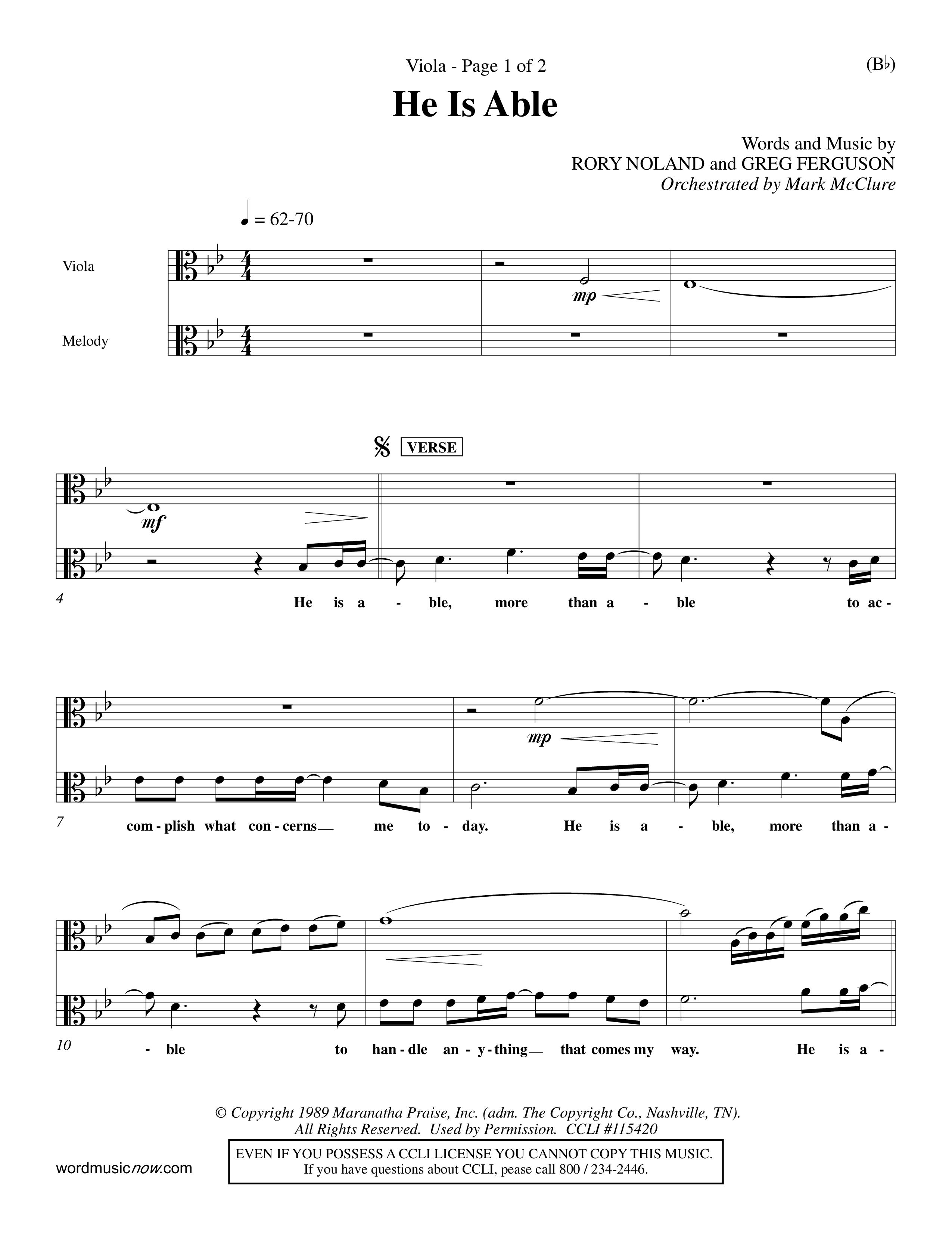 He Is Able (Choral Anthem SATB) Viola (Word Music Choral / Orch. Mark McClure)