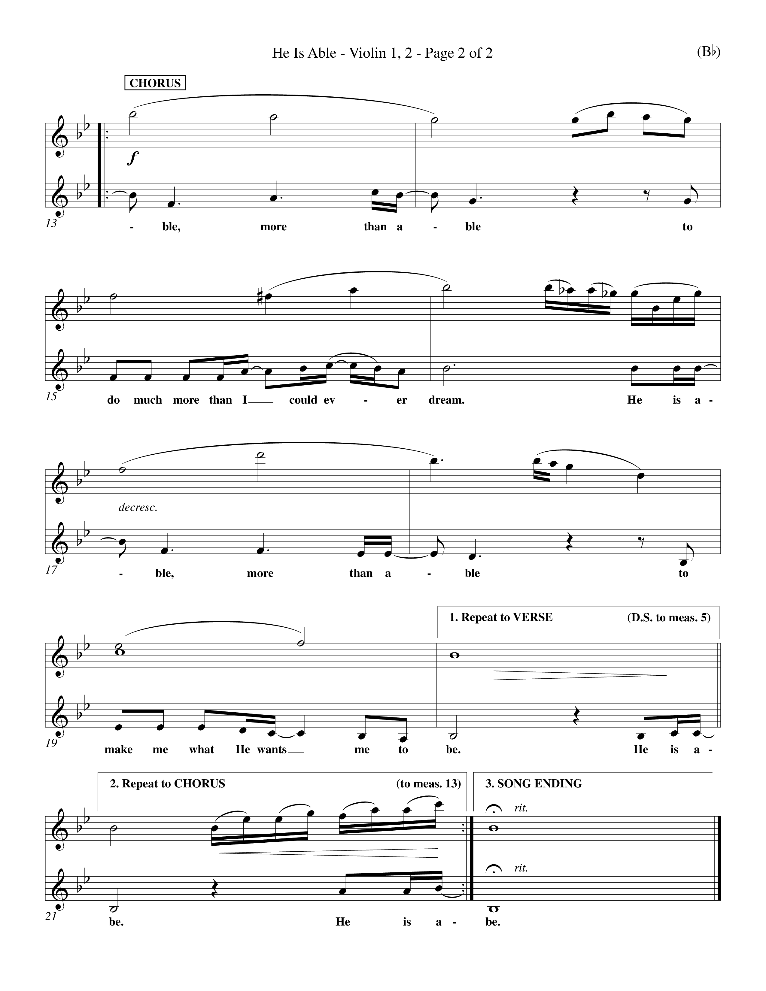 He Is Able (Choral Anthem SATB) Violin 1/2 (Word Music Choral / Orch. Mark McClure)