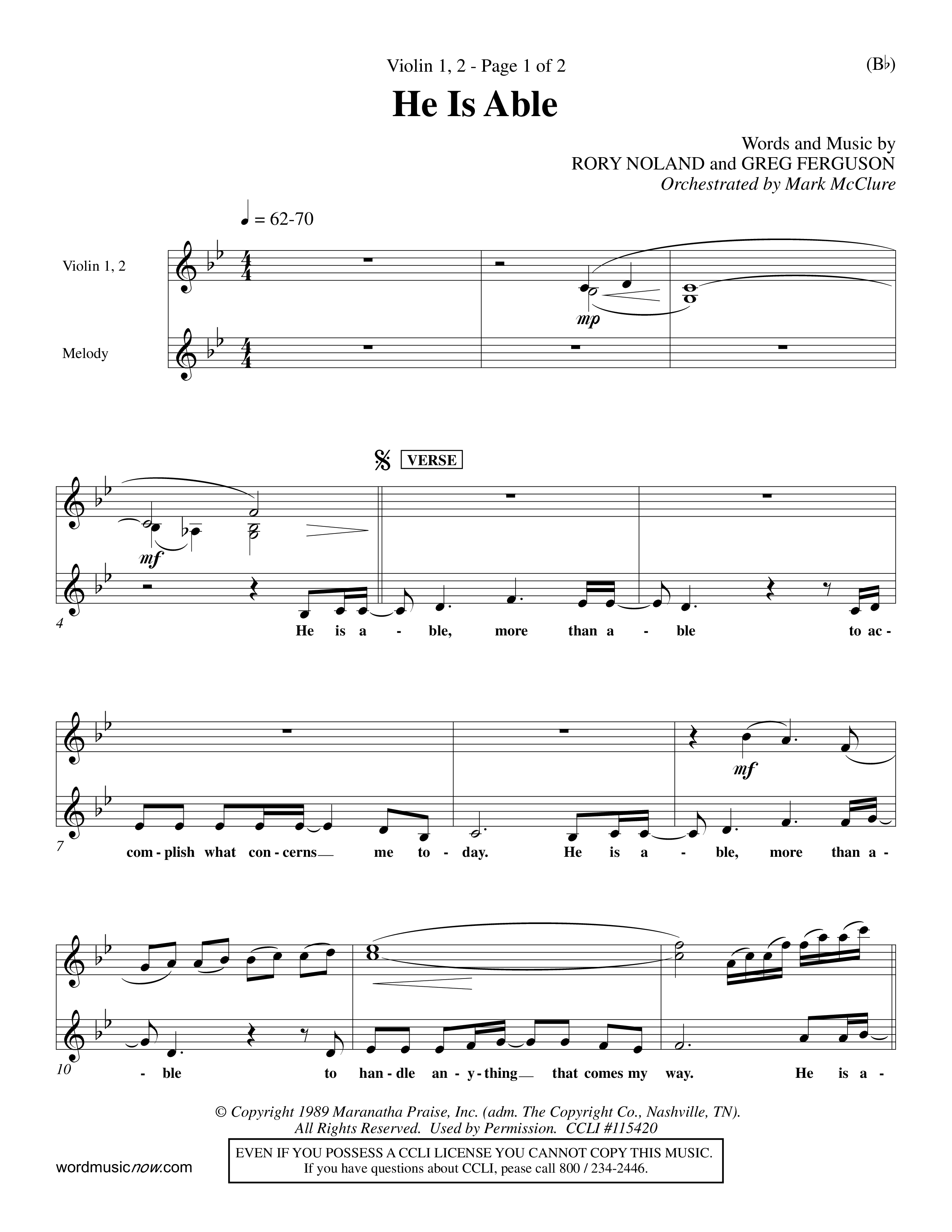 He Is Able (Choral Anthem SATB) Violin 1/2 (Word Music Choral / Orch. Mark McClure)