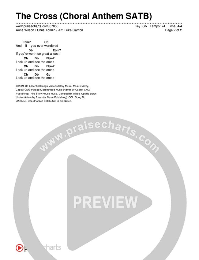 The Cross (Choral Anthem SATB) Chords & Lyrics (Anne Wilson / Chris Tomlin / Arr. Luke Gambill)