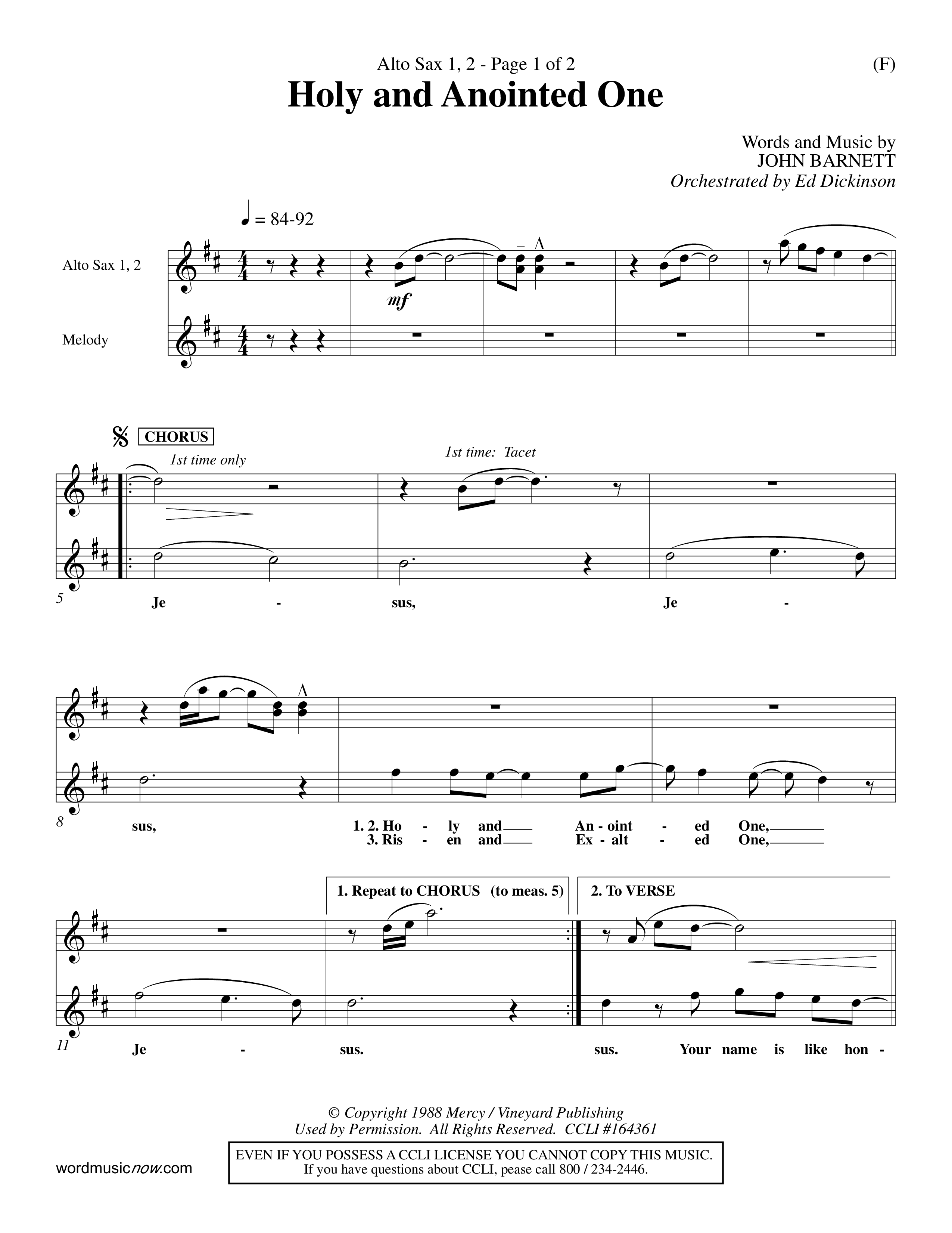 Holy And Anointed One (Choral Anthem SATB) Alto Sax 1/2 (Word Music Choral / Orch. Ed Dickinson)