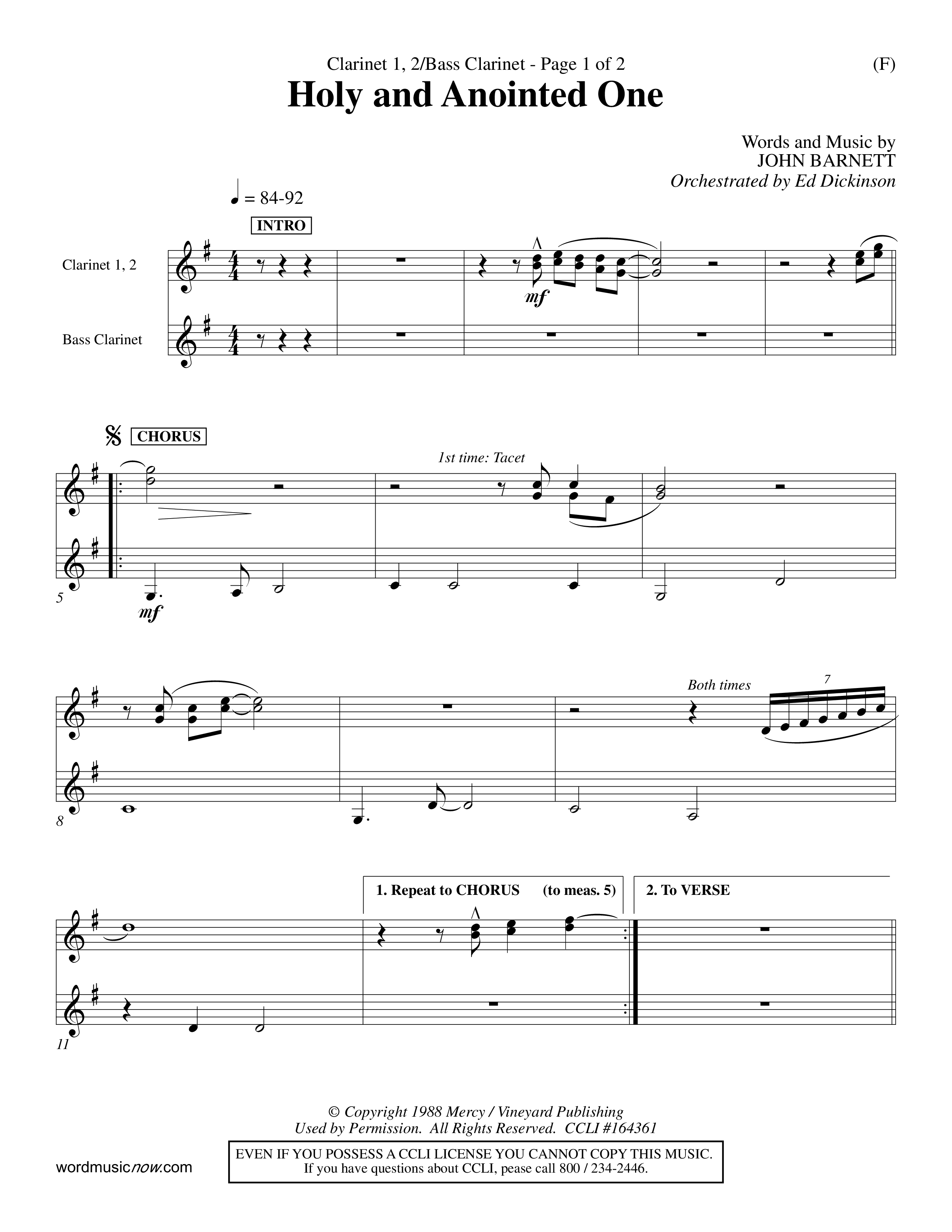 Holy And Anointed One (Choral Anthem SATB) Clarinet 1/2, Bass Clarinet (Word Music Choral / Orch. Ed Dickinson)