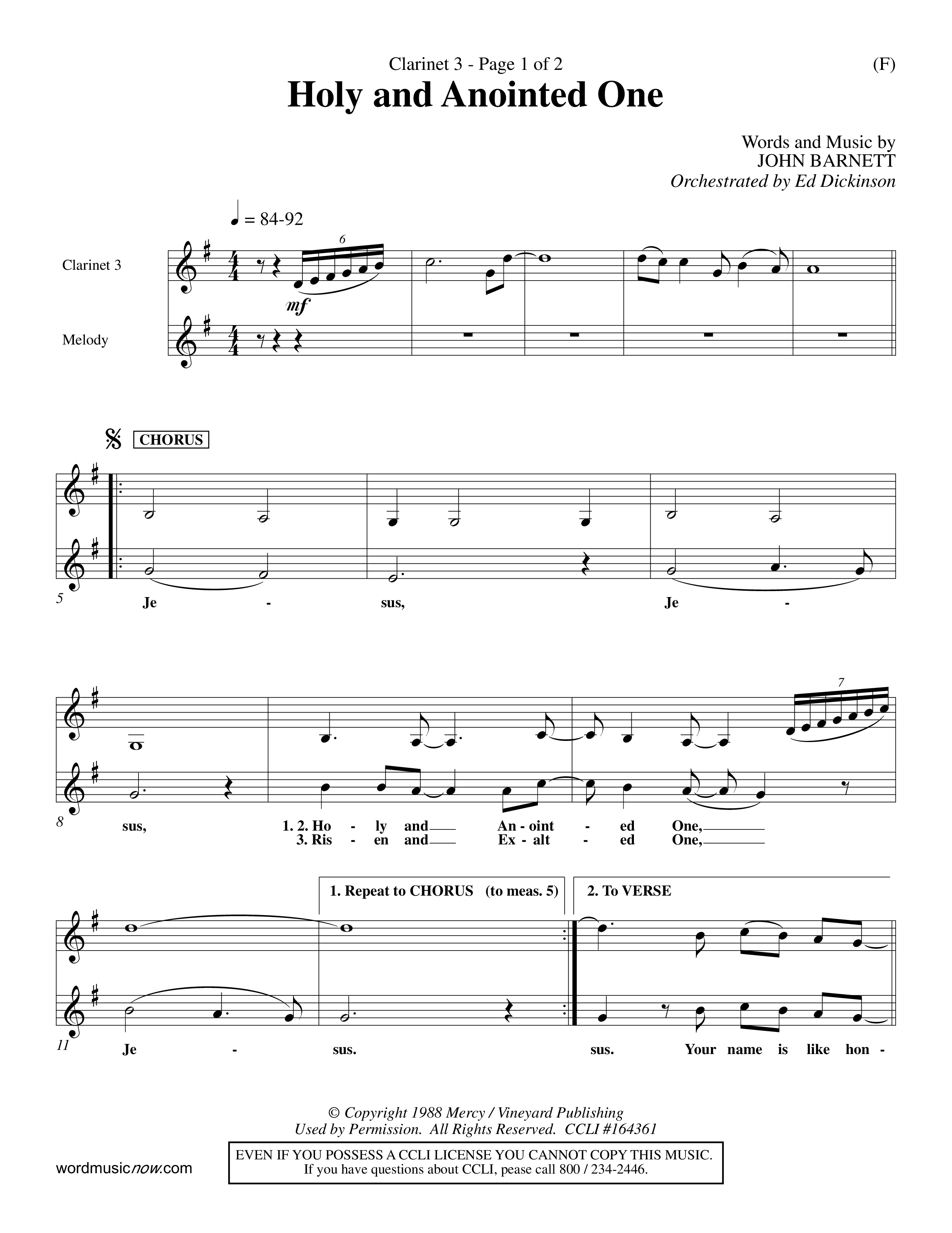 Holy And Anointed One (Choral Anthem SATB) Clarinet 3 (Word Music Choral / Orch. Ed Dickinson)