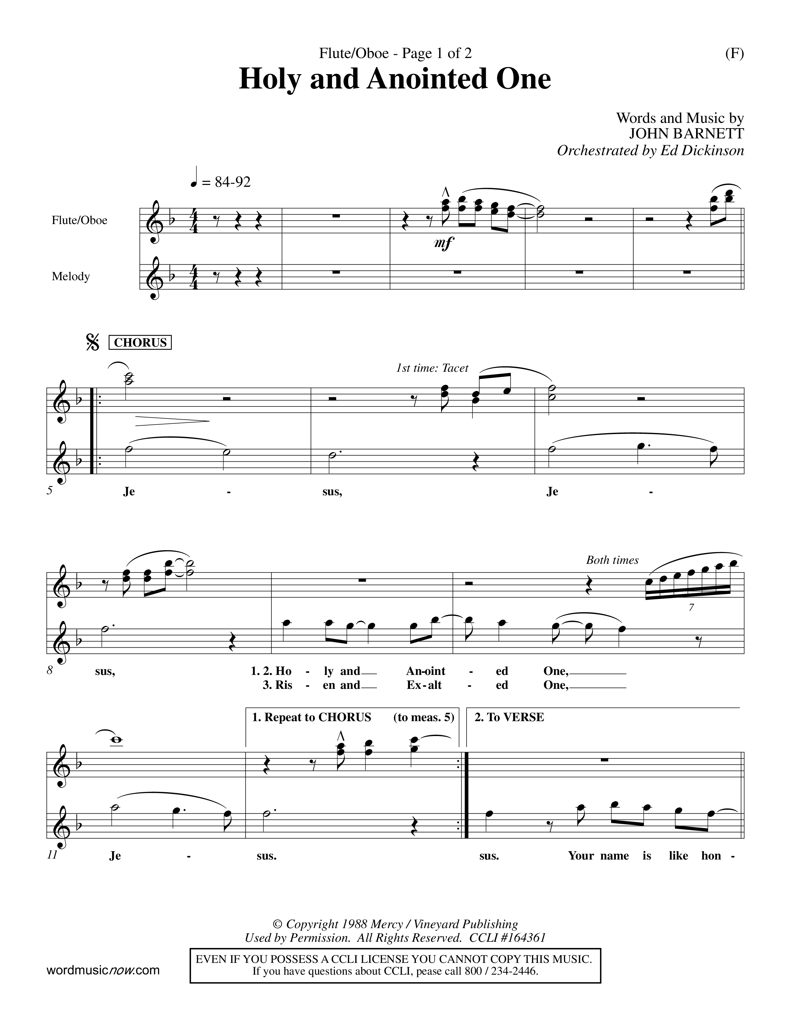 Holy And Anointed One (Choral Anthem SATB) Flute/Oboe (Word Music Choral / Orch. Ed Dickinson)