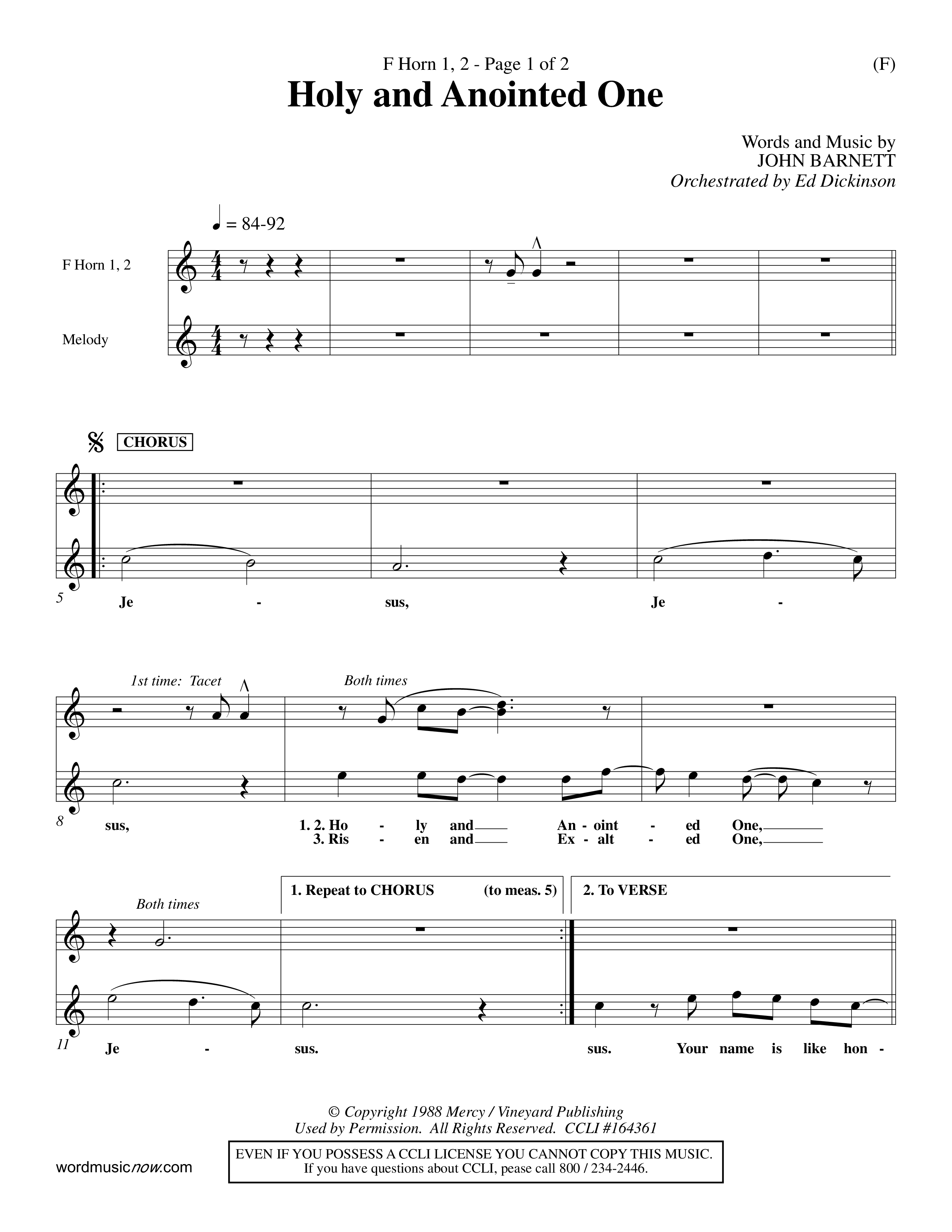 Holy And Anointed One (Choral Anthem SATB) French Horn (Word Music Choral / Orch. Ed Dickinson)