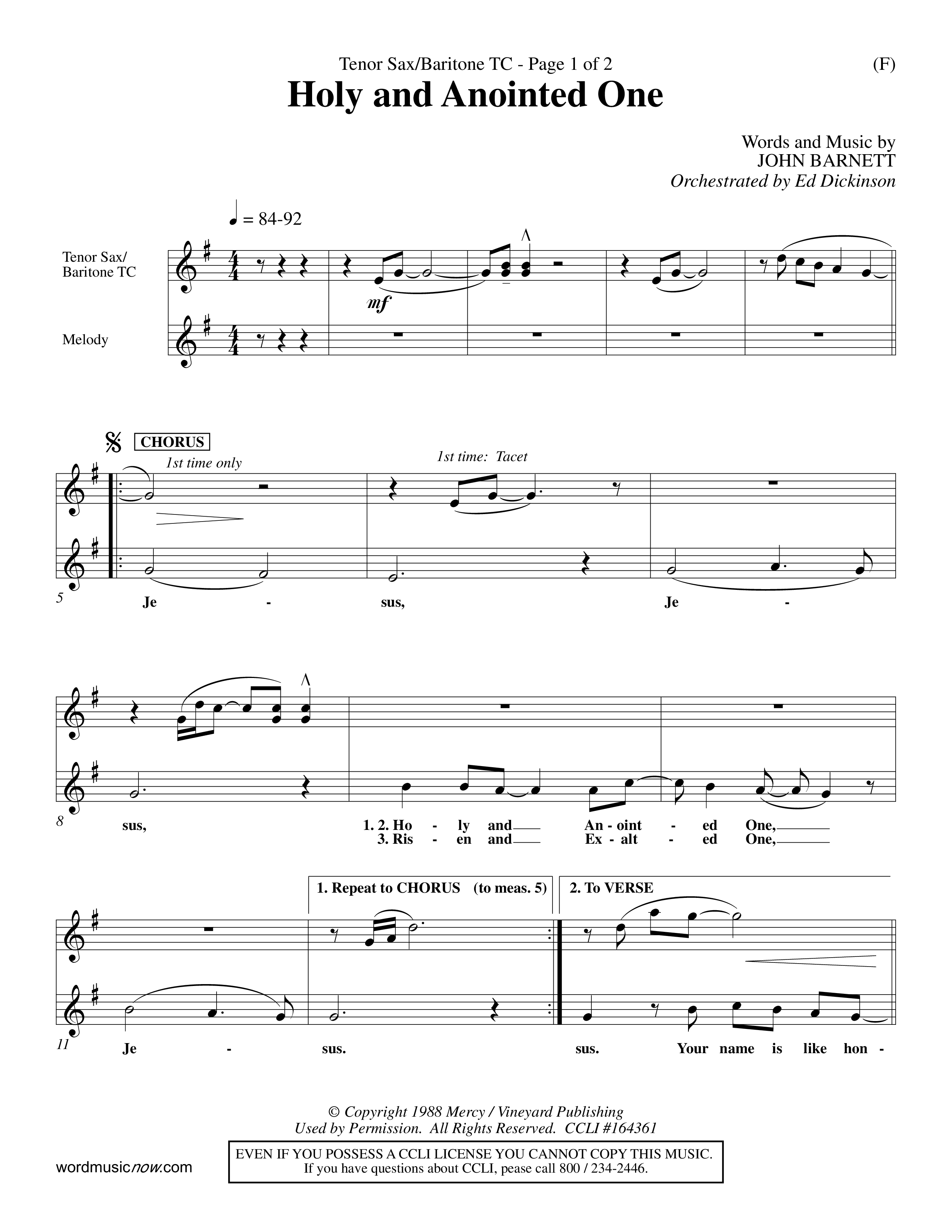 Holy And Anointed One (Choral Anthem SATB) Tenor Sax/Baritone T.C. (Word Music Choral / Orch. Ed Dickinson)