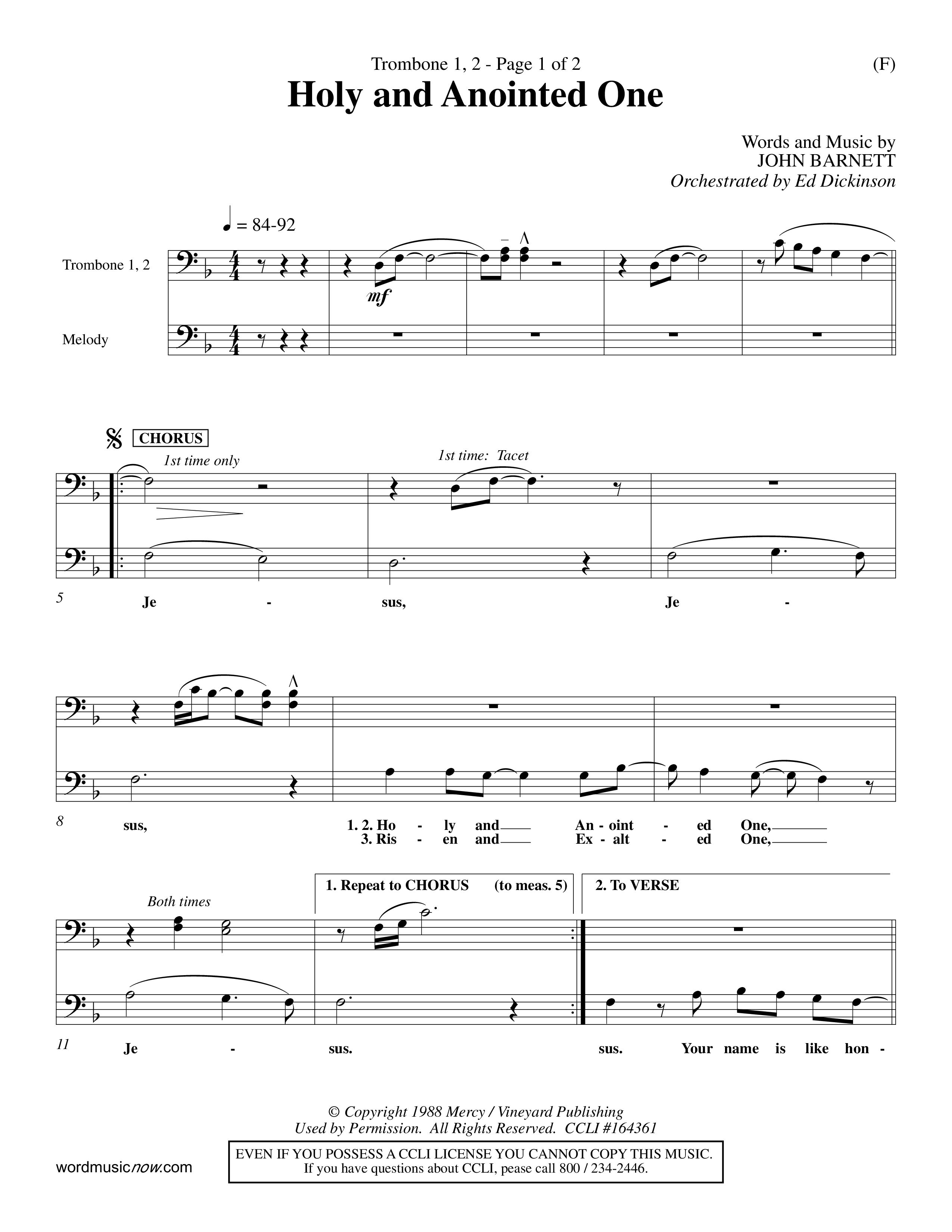 Holy And Anointed One (Choral Anthem SATB) Trombone 1/2 (Word Music Choral / Orch. Ed Dickinson)