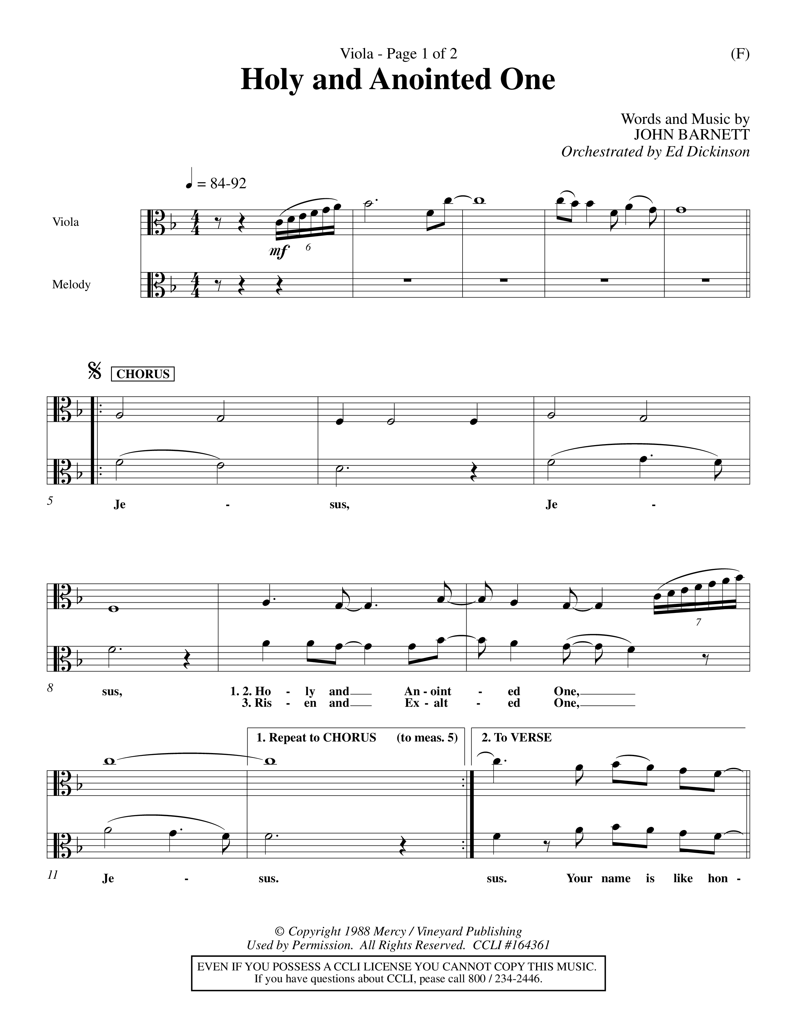 Holy And Anointed One (Choral Anthem SATB) Viola (Word Music Choral / Orch. Ed Dickinson)