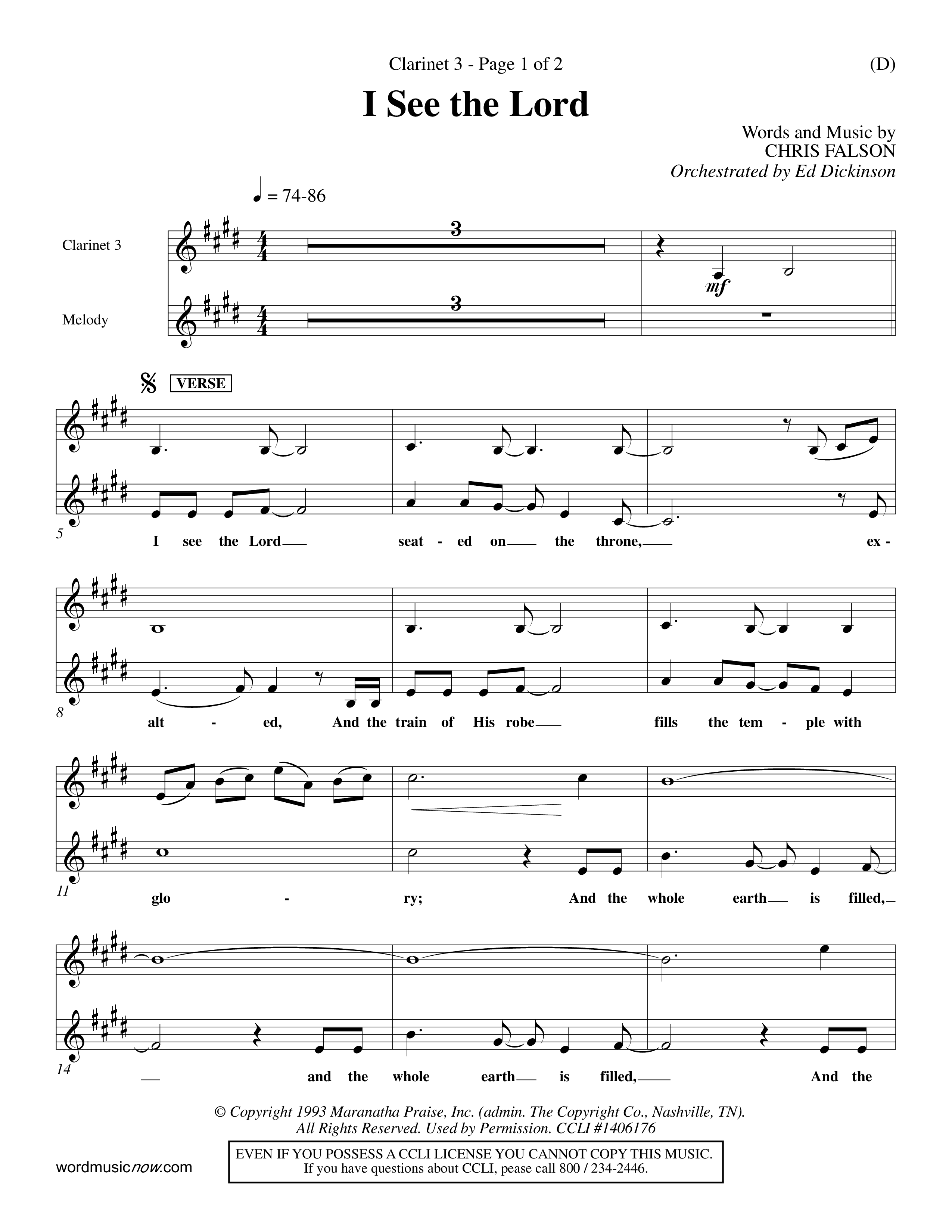 I See The Lord (Choral Anthem SATB) Clarinet 3 (Word Music Choral / Orch. Ed Dickinson)