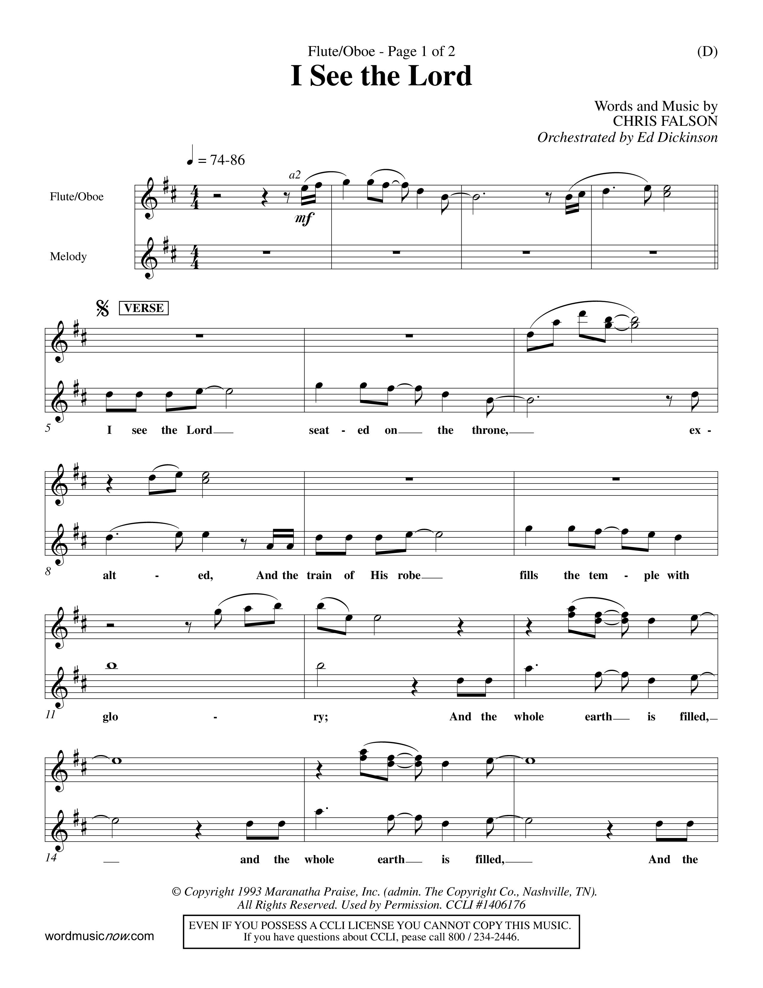 I See The Lord (Choral Anthem SATB) Flute/Oboe (Word Music Choral / Orch. Ed Dickinson)