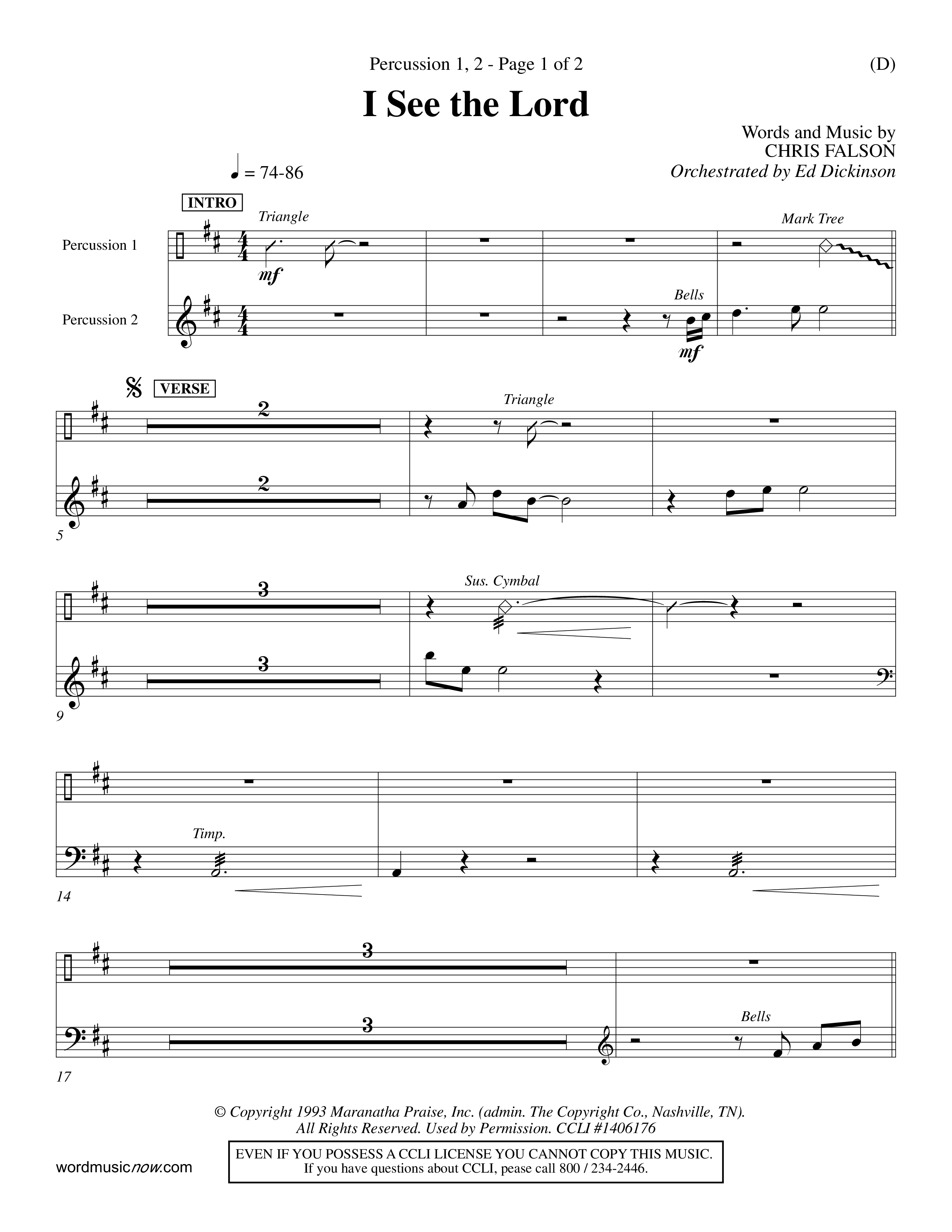 I See The Lord (Choral Anthem SATB) Percussion 1/2 (Word Music Choral / Orch. Ed Dickinson)