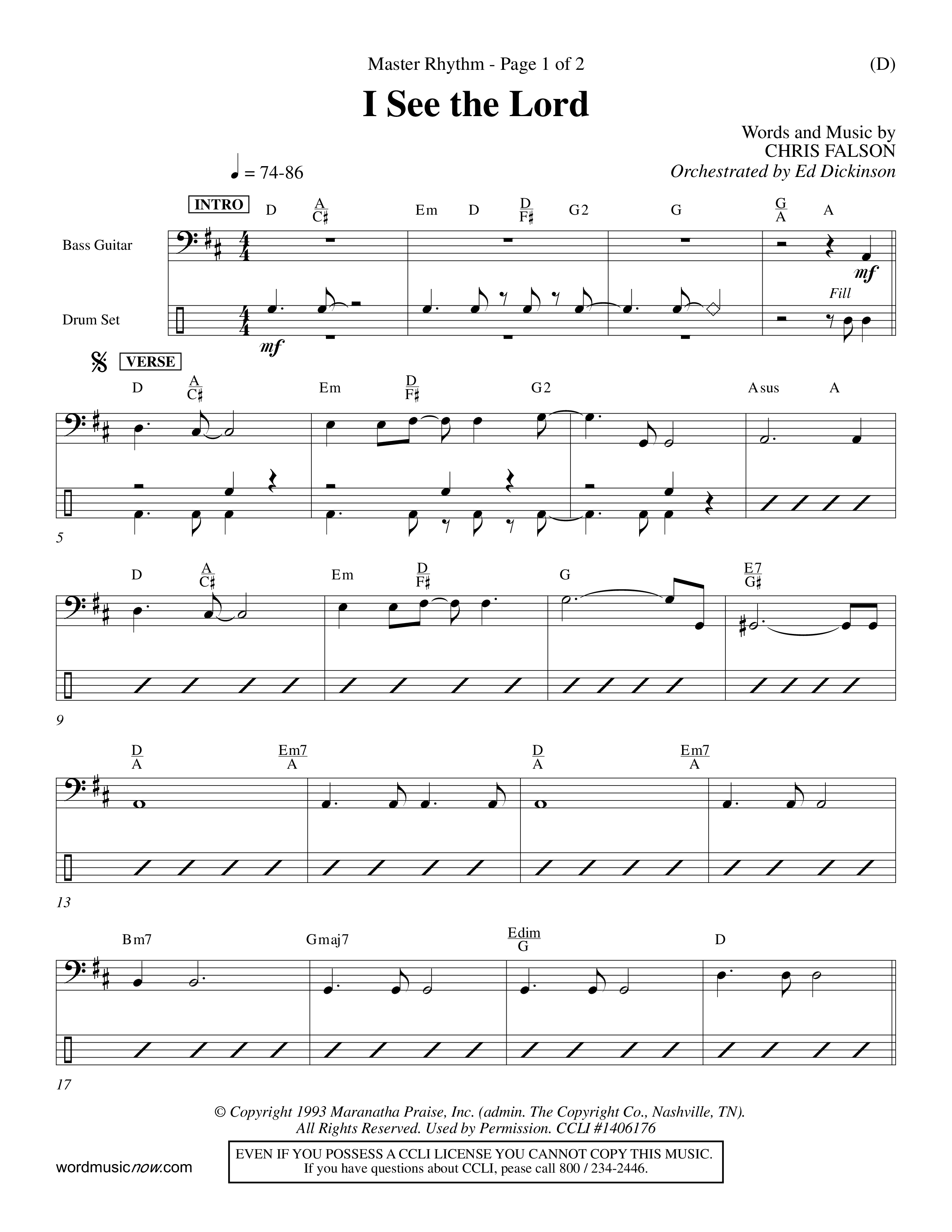I See The Lord (Choral Anthem SATB) Rhythm Chart (Word Music Choral / Orch. Ed Dickinson)