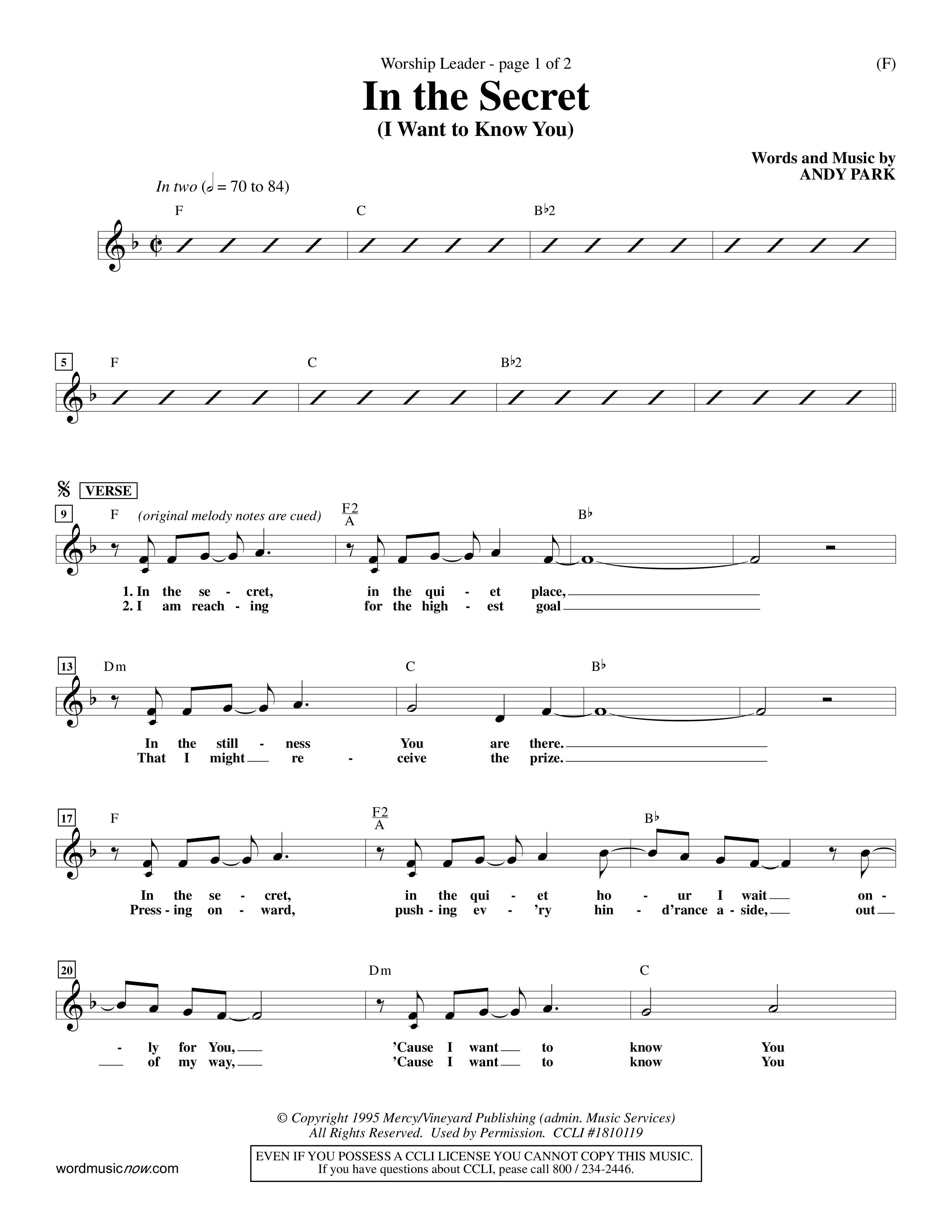 In The Secret (Choral Anthem SATB) Lead Sheet (Mel) (Word Music Choral / Orch. Richard Kingsmore)