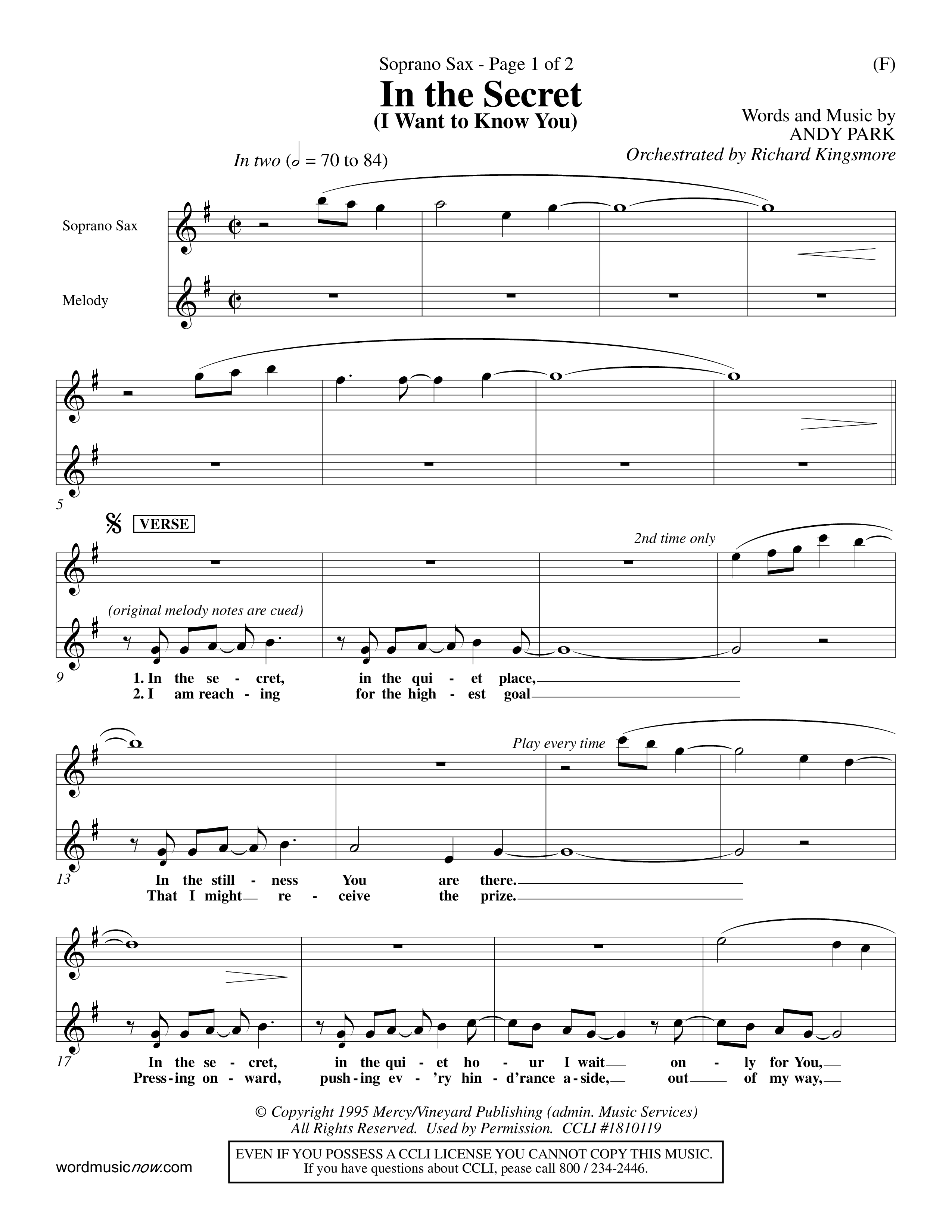 In The Secret (Choral Anthem SATB) Saxophone (Word Music Choral / Orch. Richard Kingsmore)