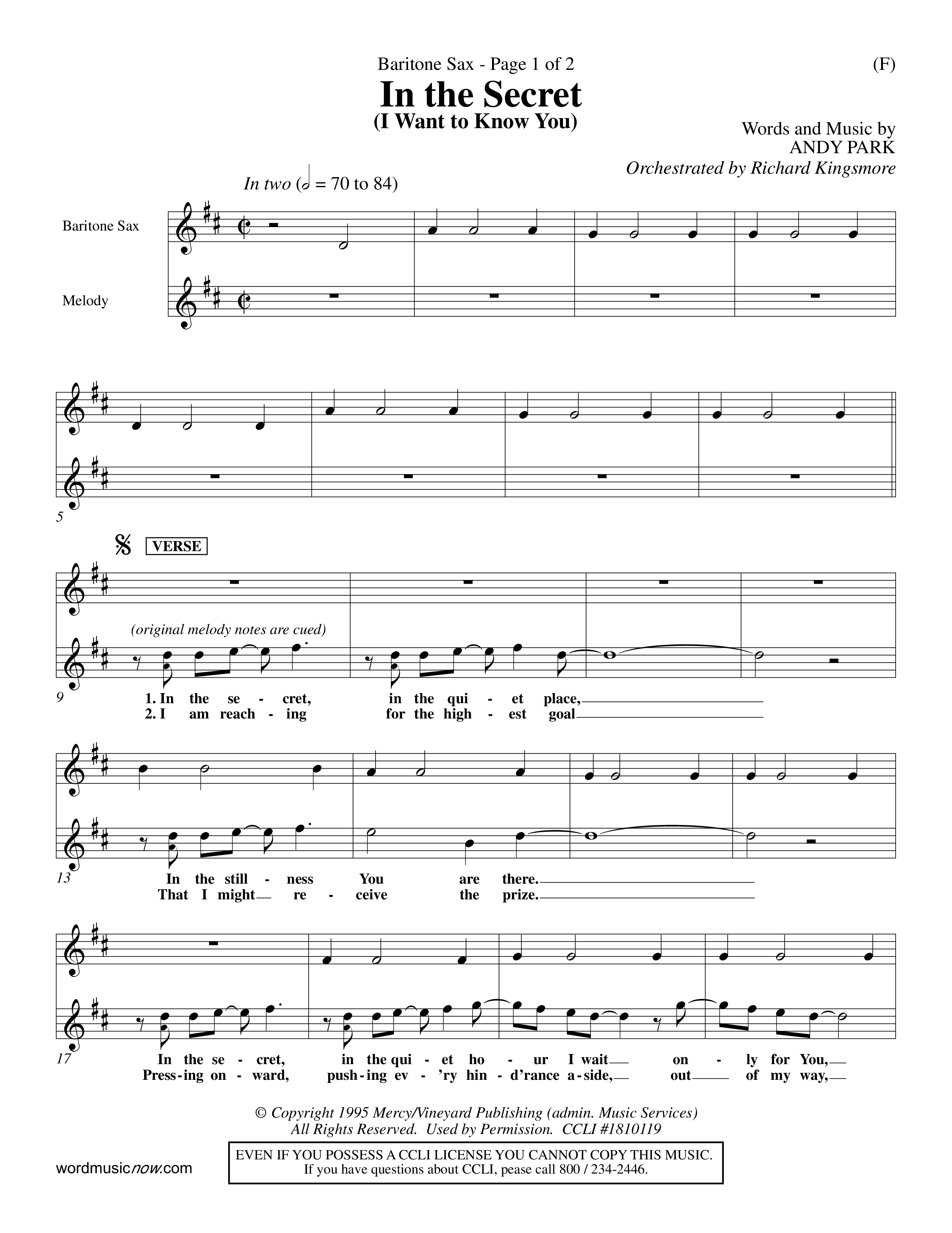In The Secret (Choral Anthem SATB) Saxophone (Word Music Choral / Orch. Richard Kingsmore)