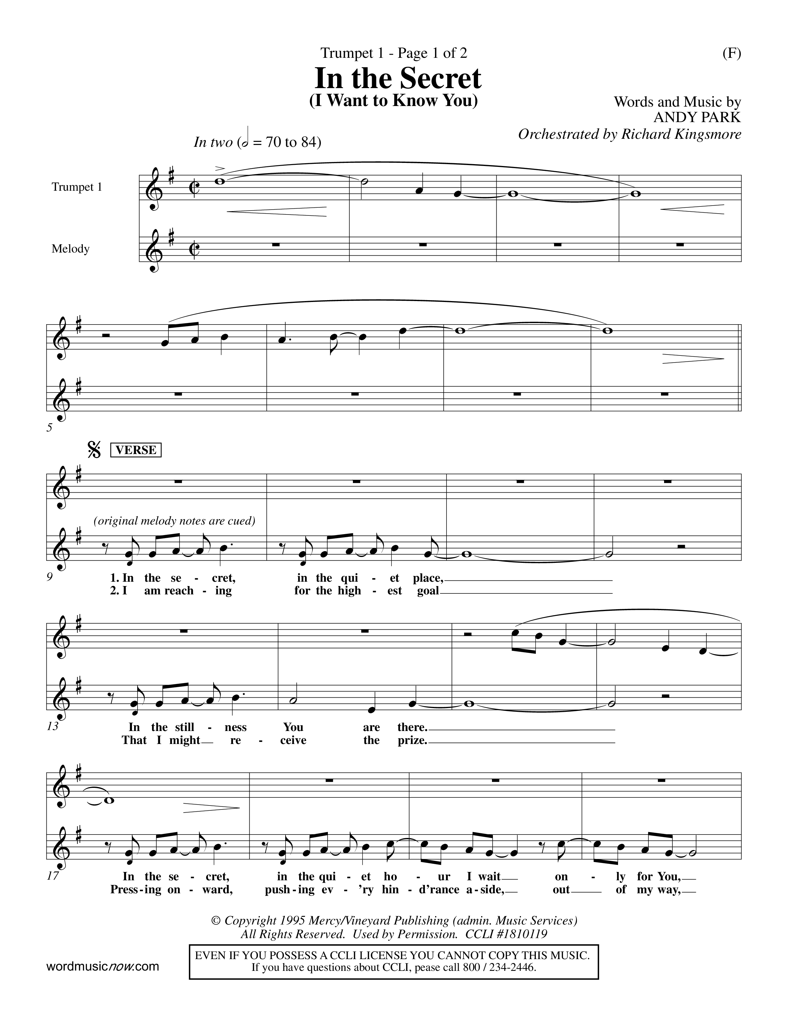 In The Secret (Choral Anthem SATB) Trumpet 1 (Word Music Choral / Orch. Richard Kingsmore)