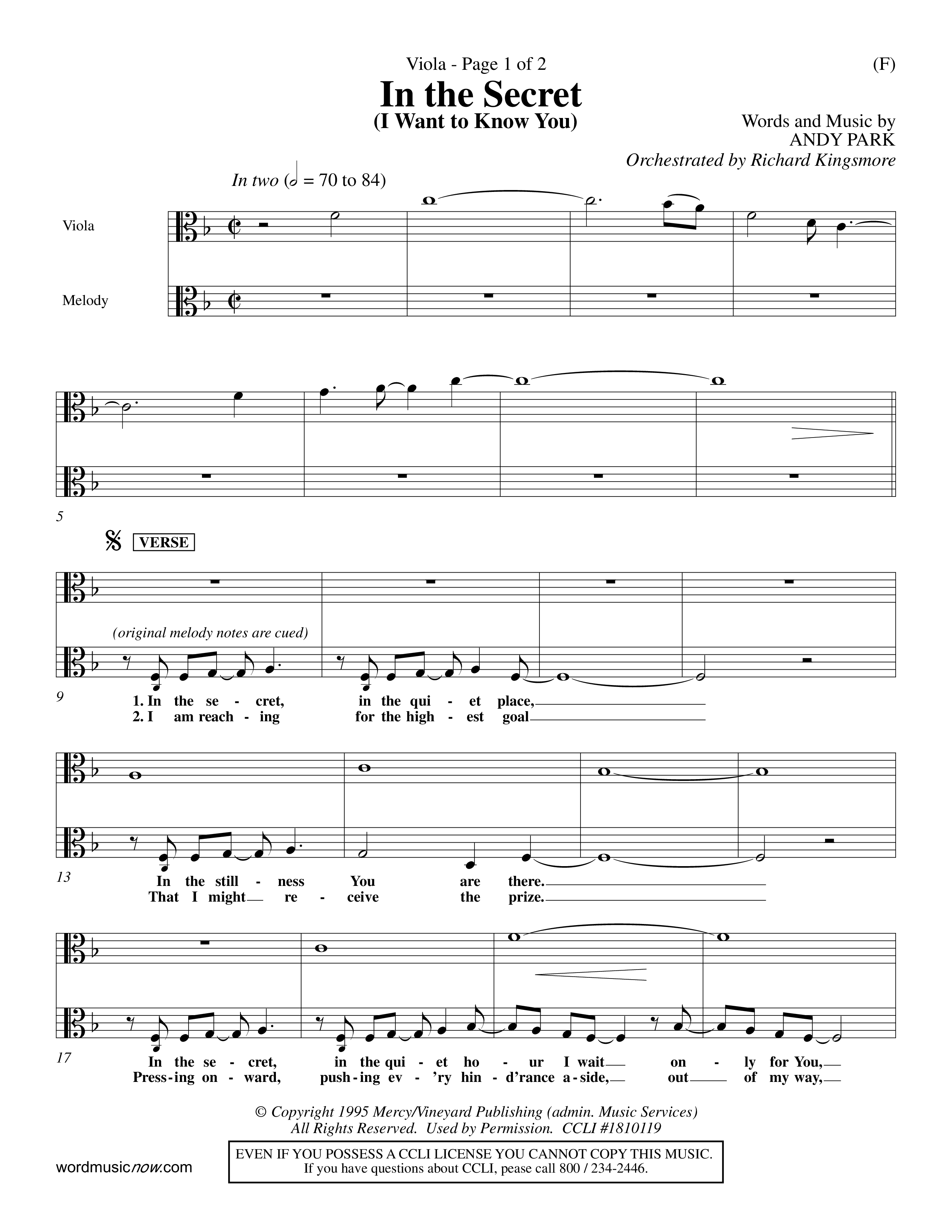 In The Secret (Choral Anthem SATB) Viola (Word Music Choral / Orch. Richard Kingsmore)