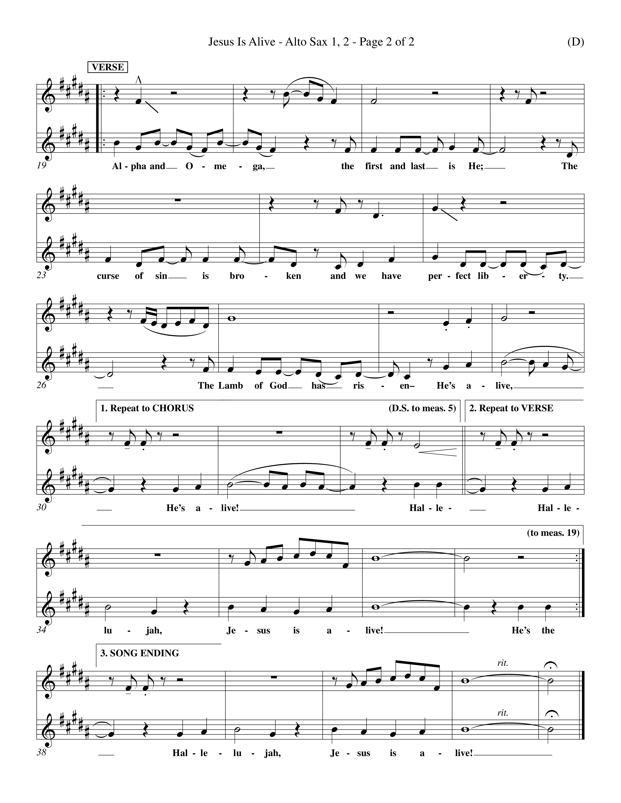 Jesus Is Alive (Choral Anthem SATB) Alto Sax 1/2 (Word Music Choral / Orch. Dave Williamson)