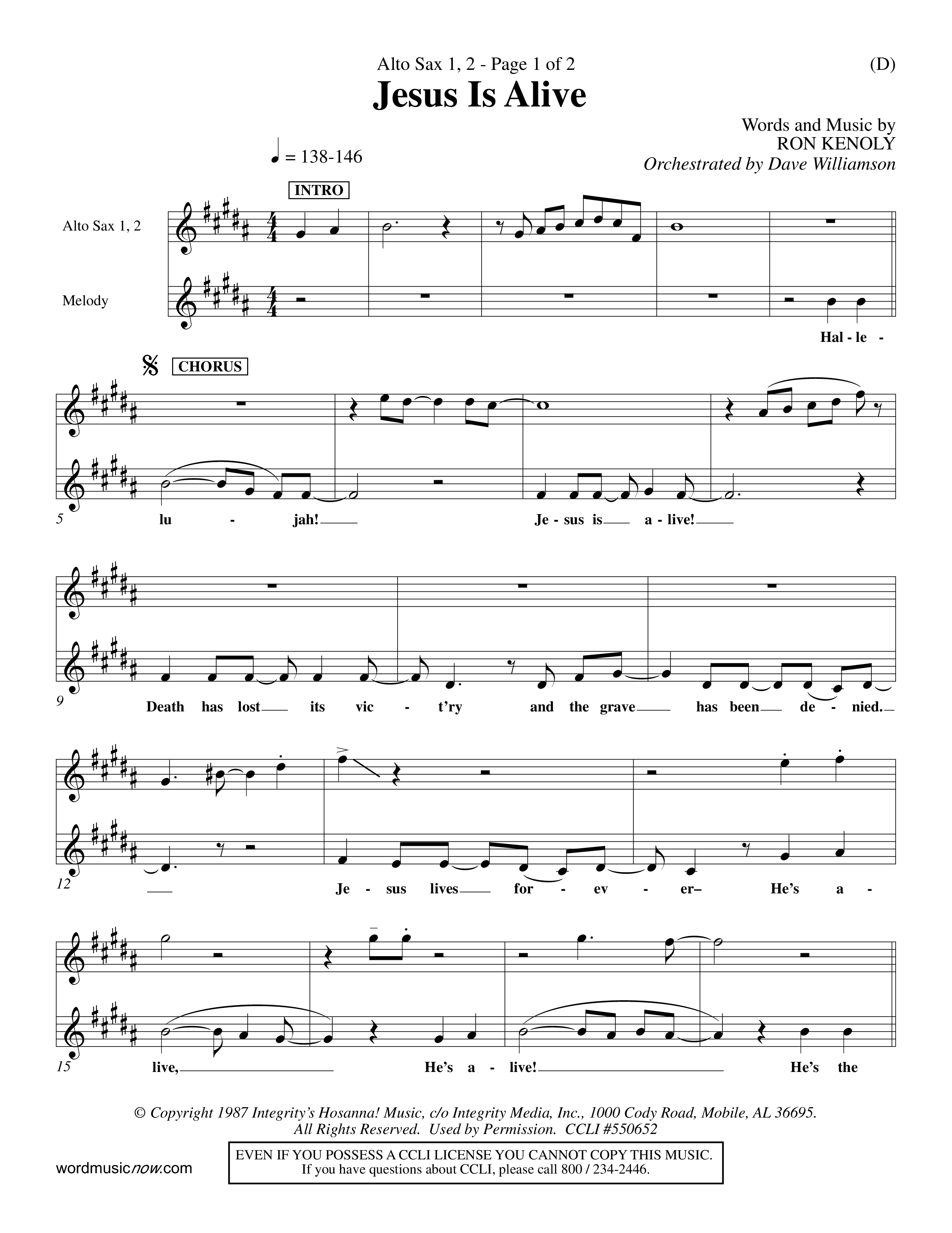 Jesus Is Alive (Choral Anthem SATB) Alto Sax 1/2 (Word Music Choral / Orch. Dave Williamson)